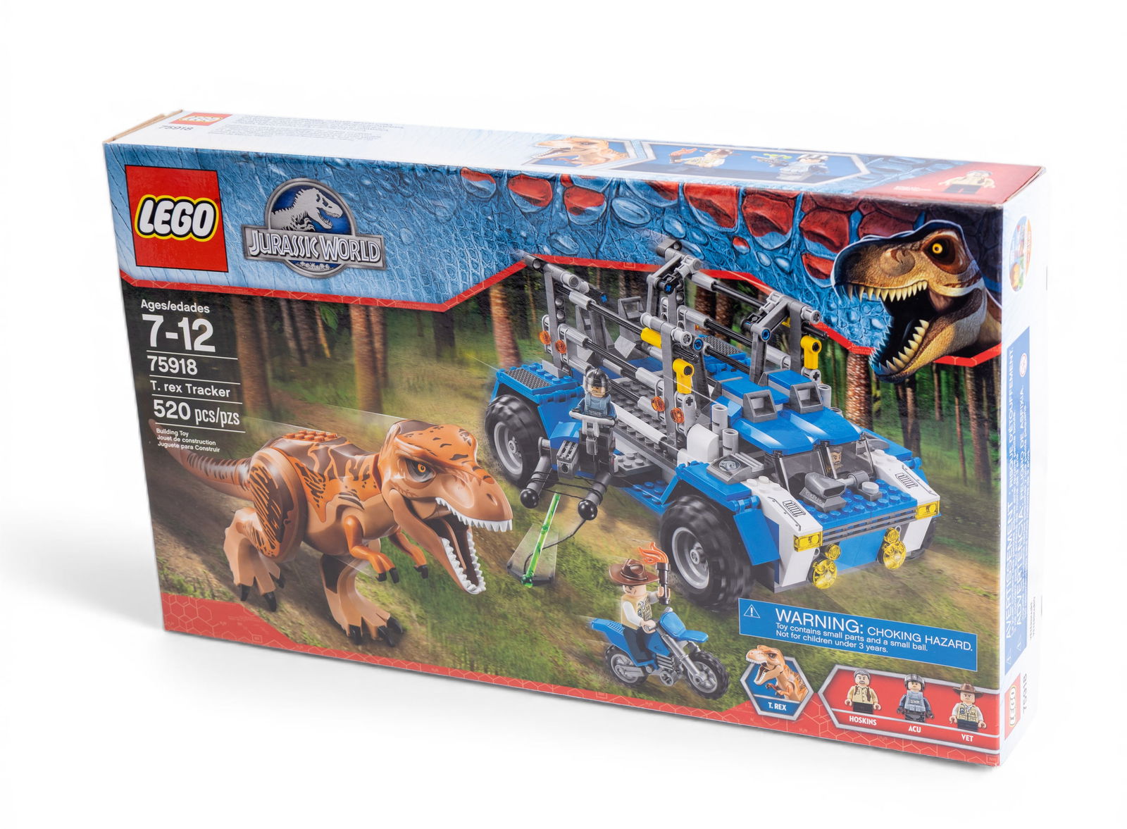 LEGO Jurassic World T. Rex Tracker 75918 NIB: LEGO Jurassic World T. Rex Tracker set number 75918, new in box (NIB). Contains 520 pieces, including a T. Rex figure, a tracking vehicle, and three minifigures. Recommended for ages 7-12. Box is seal