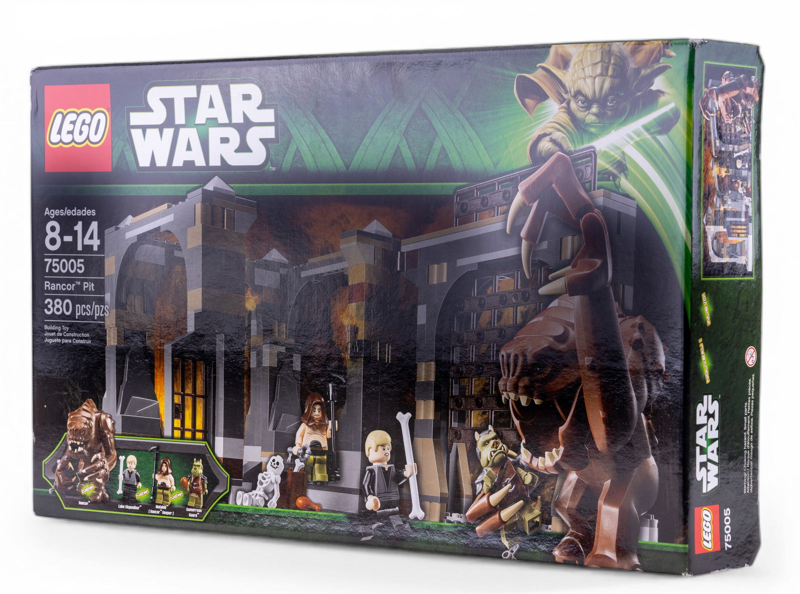LEGO Star Wars Set 75005 Rancor Pit NIB: LEGO Star Wars set number 75005, titled 'Rancor Pit,' includes 380 pieces and is brand new in box (NIB). The set is suitable for ages 8-14 and features a detailed recreation of the Rancor Pit scene fr