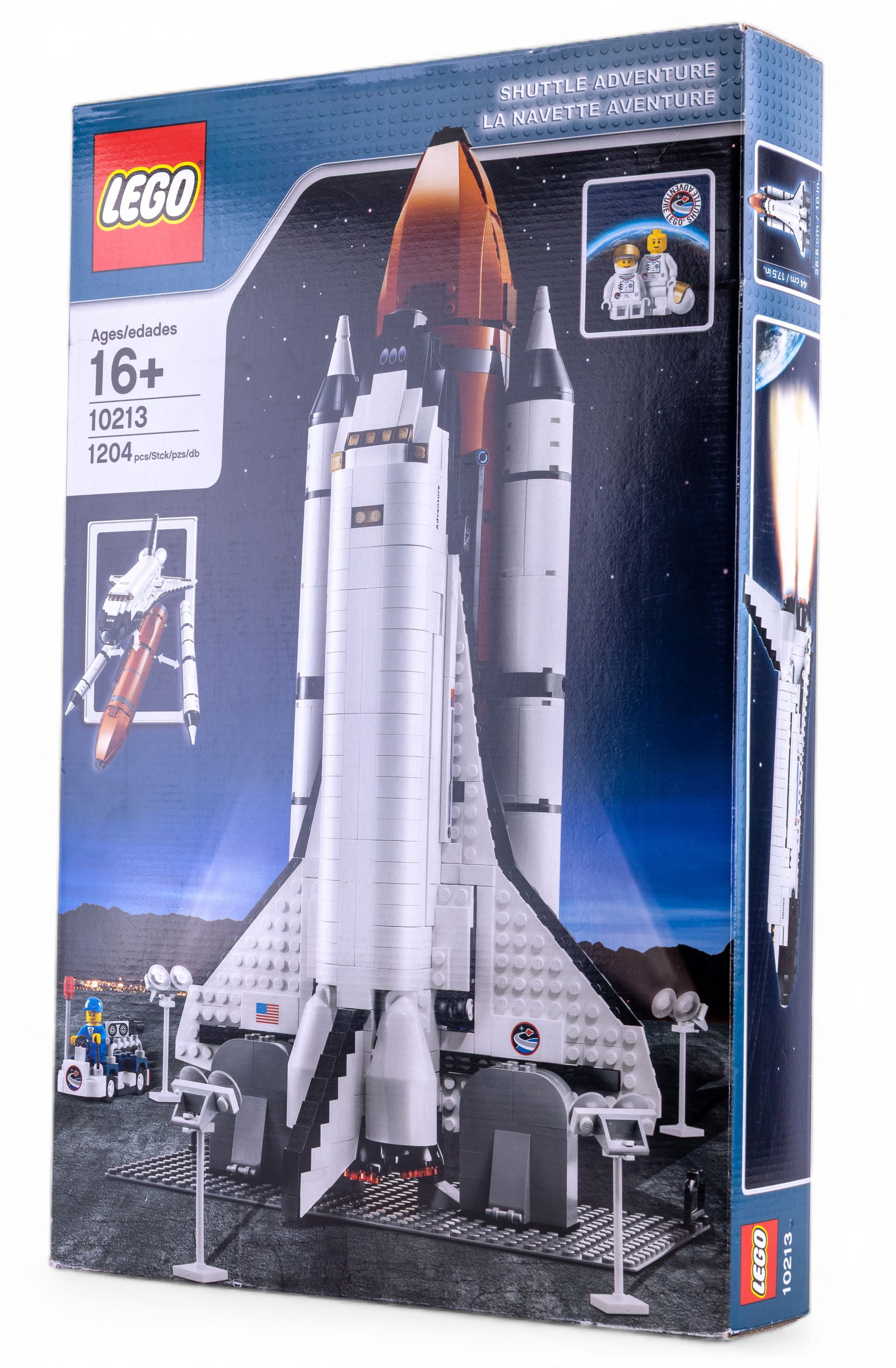 LEGO 10213 Space Shuttle Adventure NIB: LEGO set 10213, Space Shuttle Adventure, is new in box (NIB). The set contains 1204 pieces and is suitable for ages 16 and up. Features include a detailed space shuttle build and astronaut minifigures