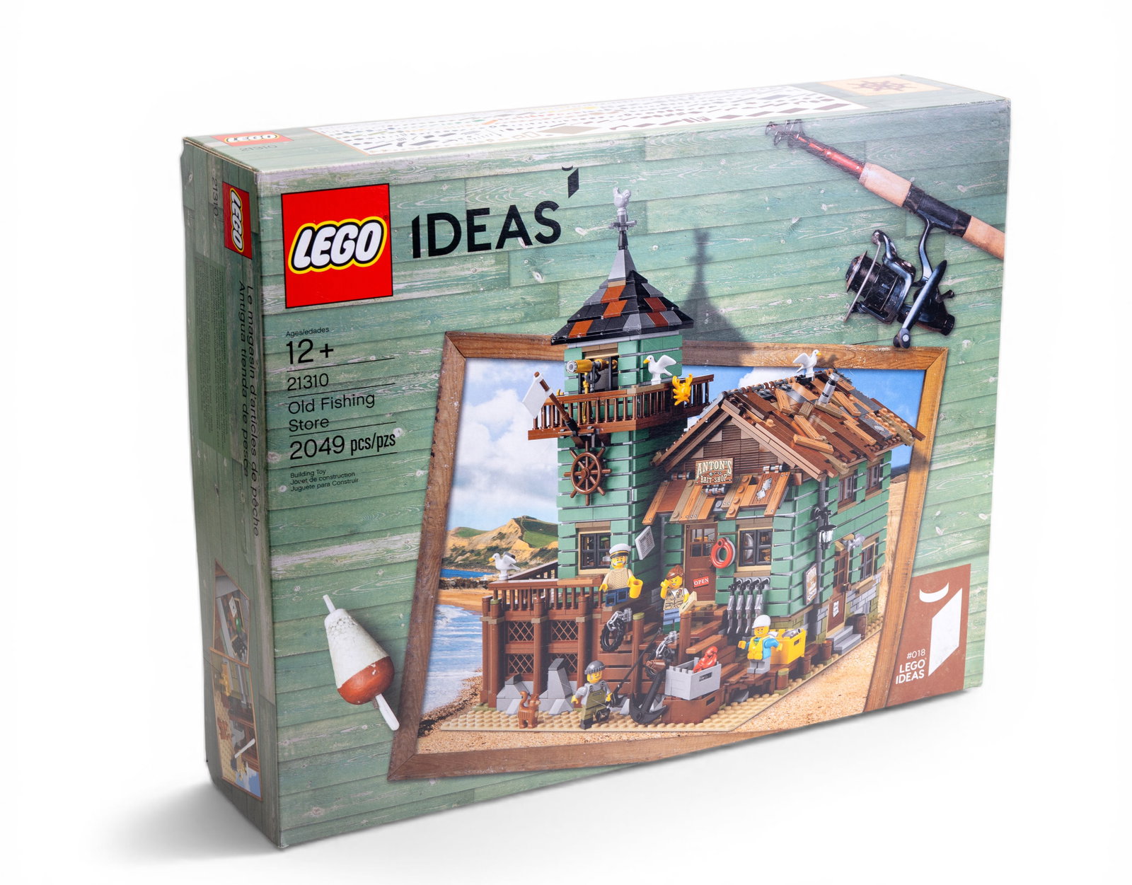 LEGO Ideas Old Fishing Store NIB: LEGO Ideas Old Fishing Store (21310) set featuring 2,049 pieces. This set is new in box (NIB), sealed, and designed for ages 12+. The detailed model includes various elements such as fishing equipment
