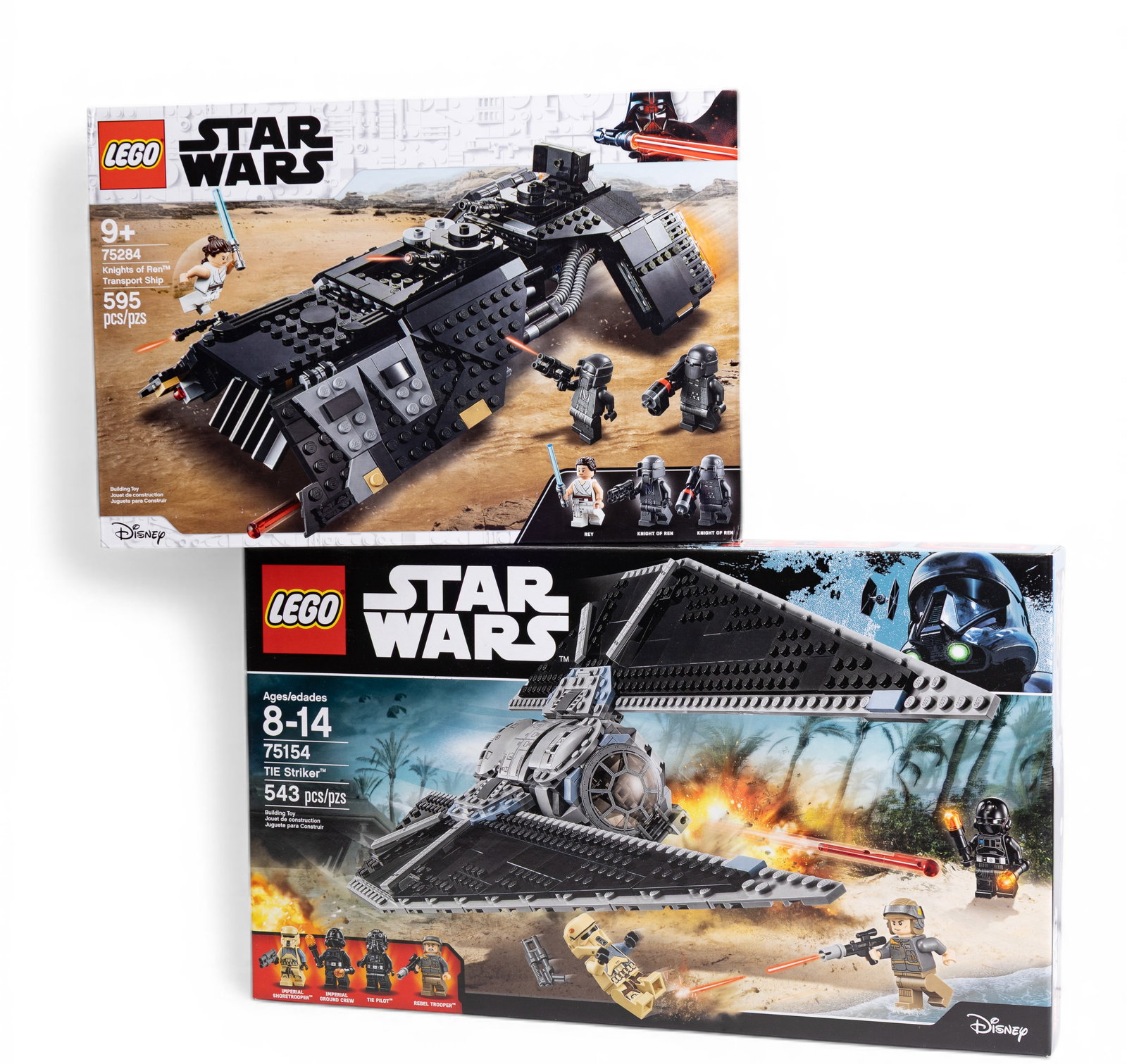 Two LEGO Star Wars NIB Sets: Two LEGO Star Wars sets in new-in-box (NIB) condition. Lot includes set #75154, "TIE Striker" (ages 8-14, 543 pieces) and set #75201, "First Order AT-ST" (ages 9+, 559 pieces). Both feature detailed k
