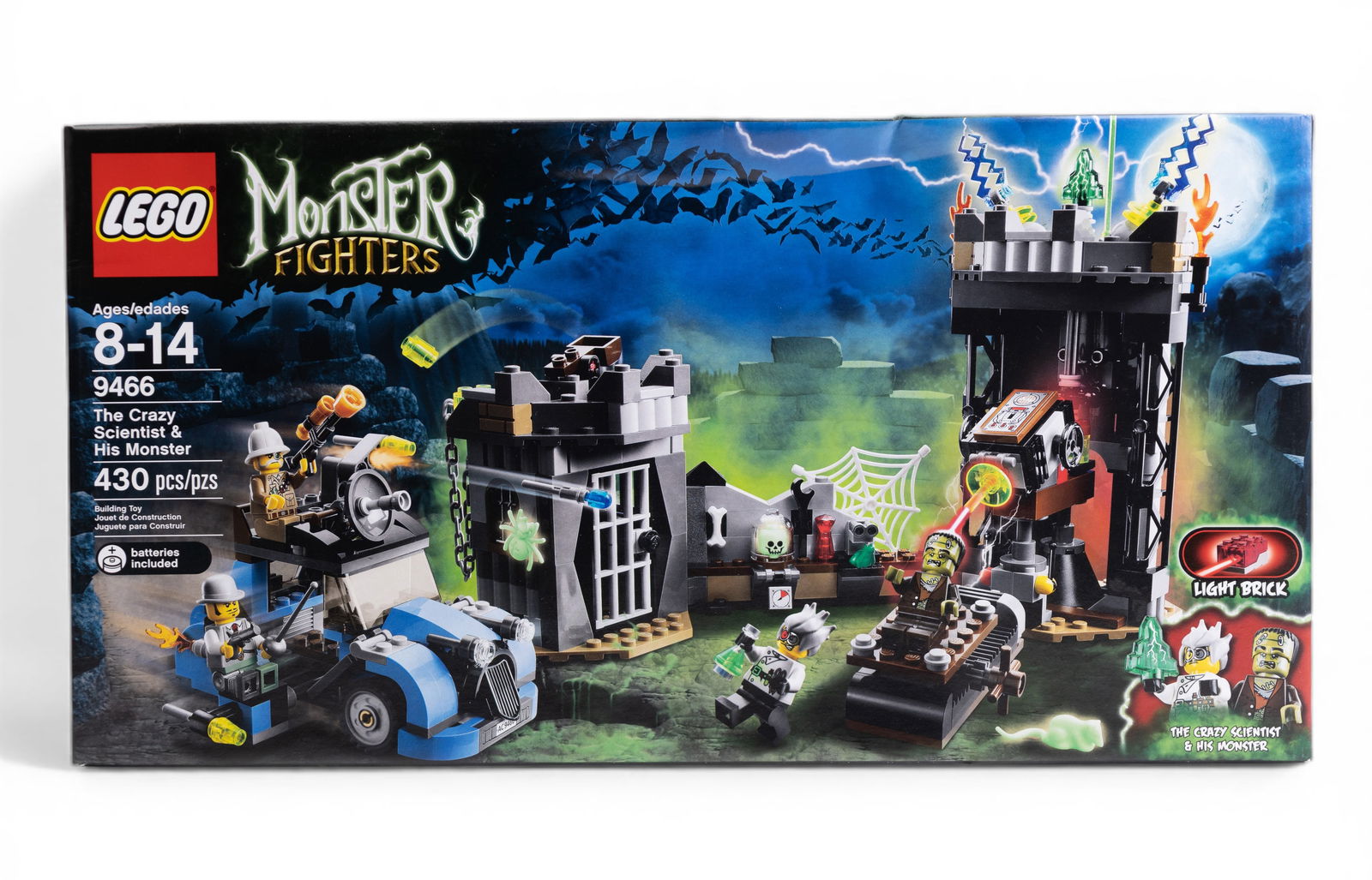 LEGO Monster Fighters 9466 The Crazy Scientist: LEGO set 9466 from the Monster Fighters series titled 'The Crazy Scientist & His Monster.' Includes 430 pieces with an age recommendation of 8-14 years. Features a haunted laboratory, motorbike, and m