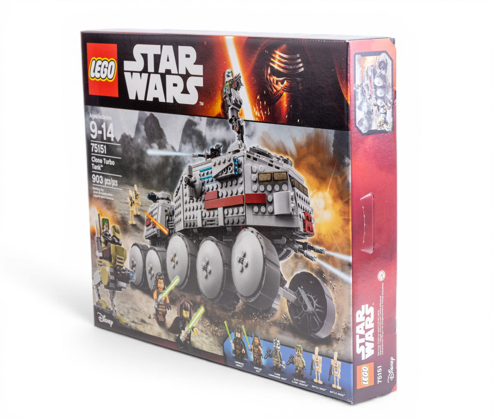 LEGO Star Wars Clone Turbo Tank Set 75151 NIB: LEGO Star Wars Clone Turbo Tank set #75151, depicting a detailed Star Wars vehicle build with 903 pieces. Recommended for ages 9 to 14. Includes six mini-figures: Luminara Unduli, Quinlan Vos, Clone C