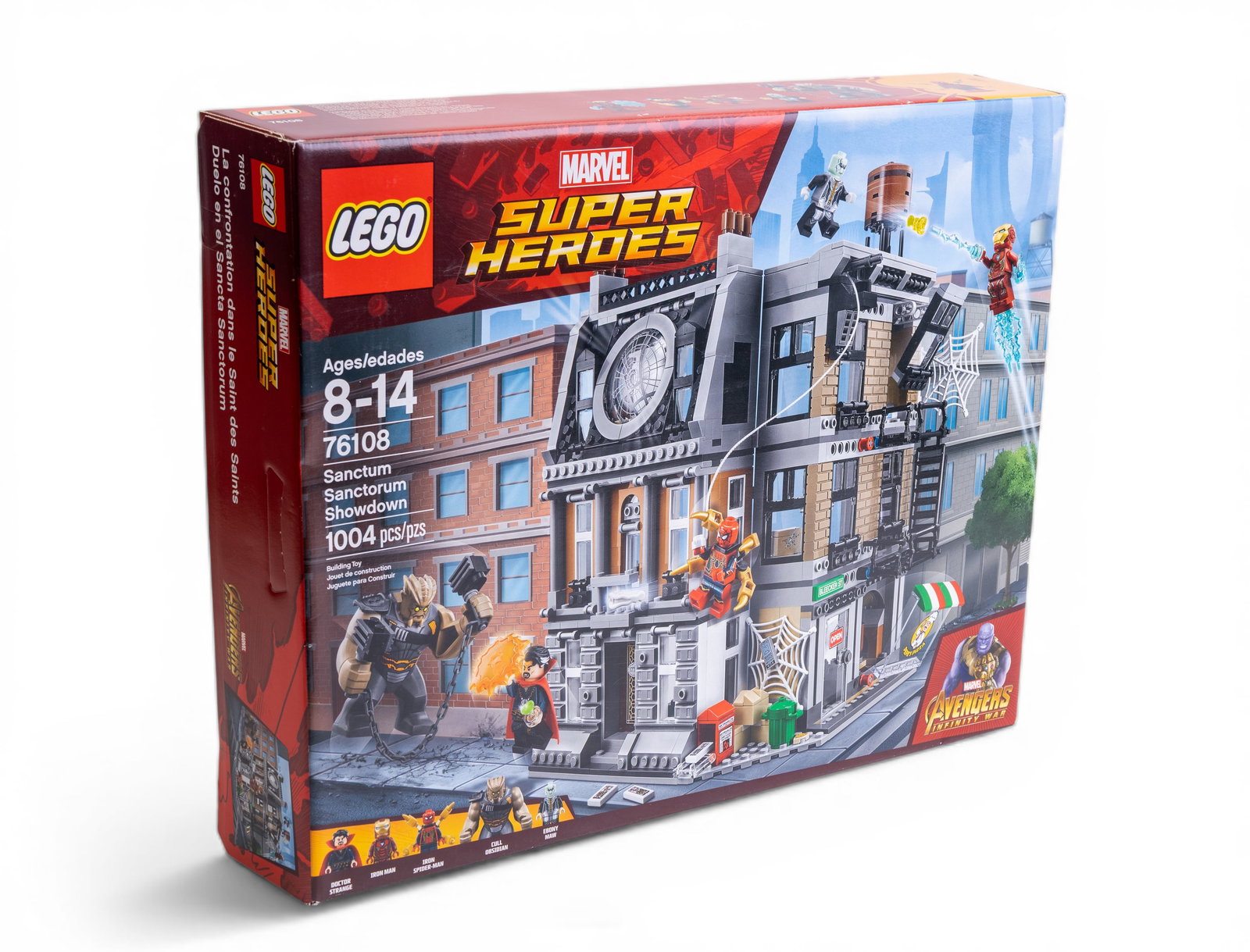 LEGO Marvel Sanctum Sanctorum Showdown NIB: LEGO Marvel Super Heroes Sanctum Sanctorum Showdown set (76108), new in box (NIB). Includes 1,004 pieces and is recommended for ages 8-14. Features characters and scenes inspired by the Marvel Cinemat