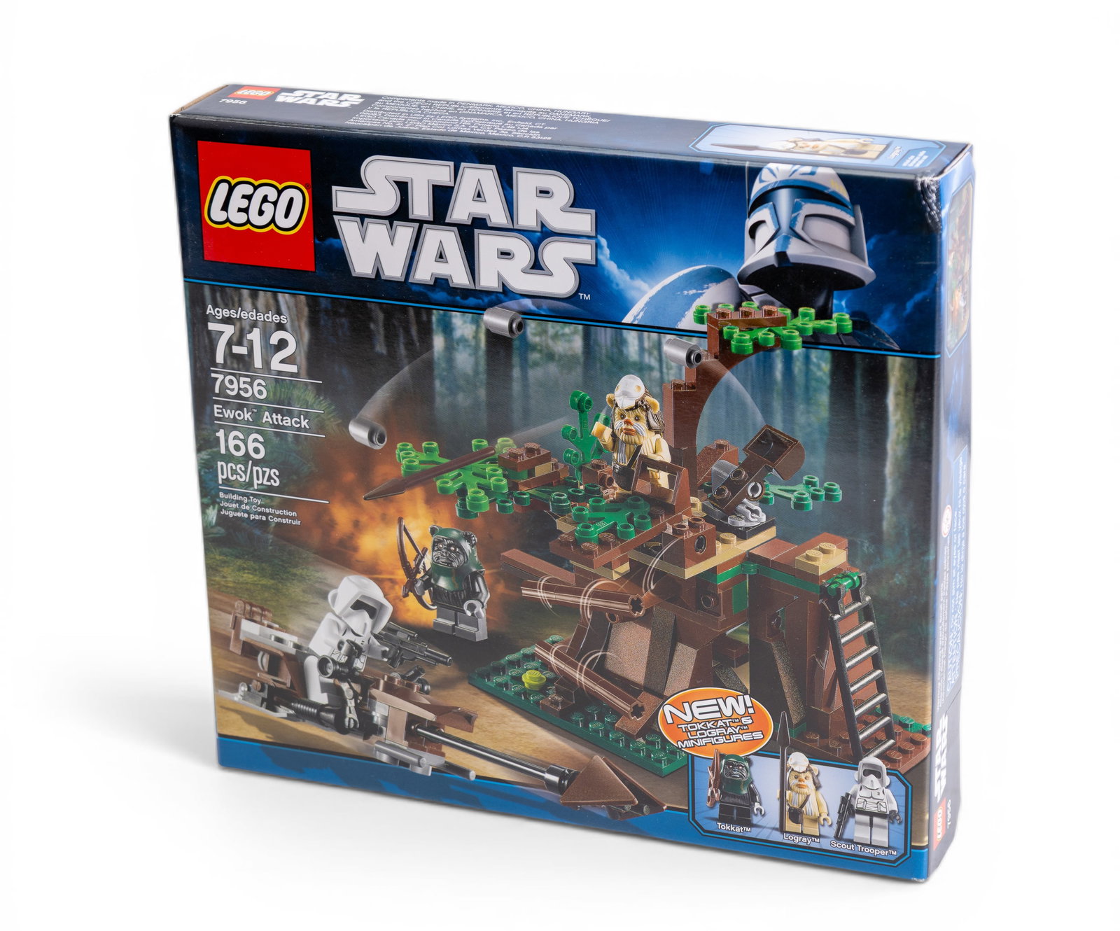 LEGO Star Wars Endor Rebel Trooper Set 7956 NIB: LEGO Star Wars set number 7956, titled "Ewok Attack." Includes 166 pieces, with figures of Ewoks and Scout Troopers to recreate scenes on Endor. The set is new in its original sealed box (NIB) and fea