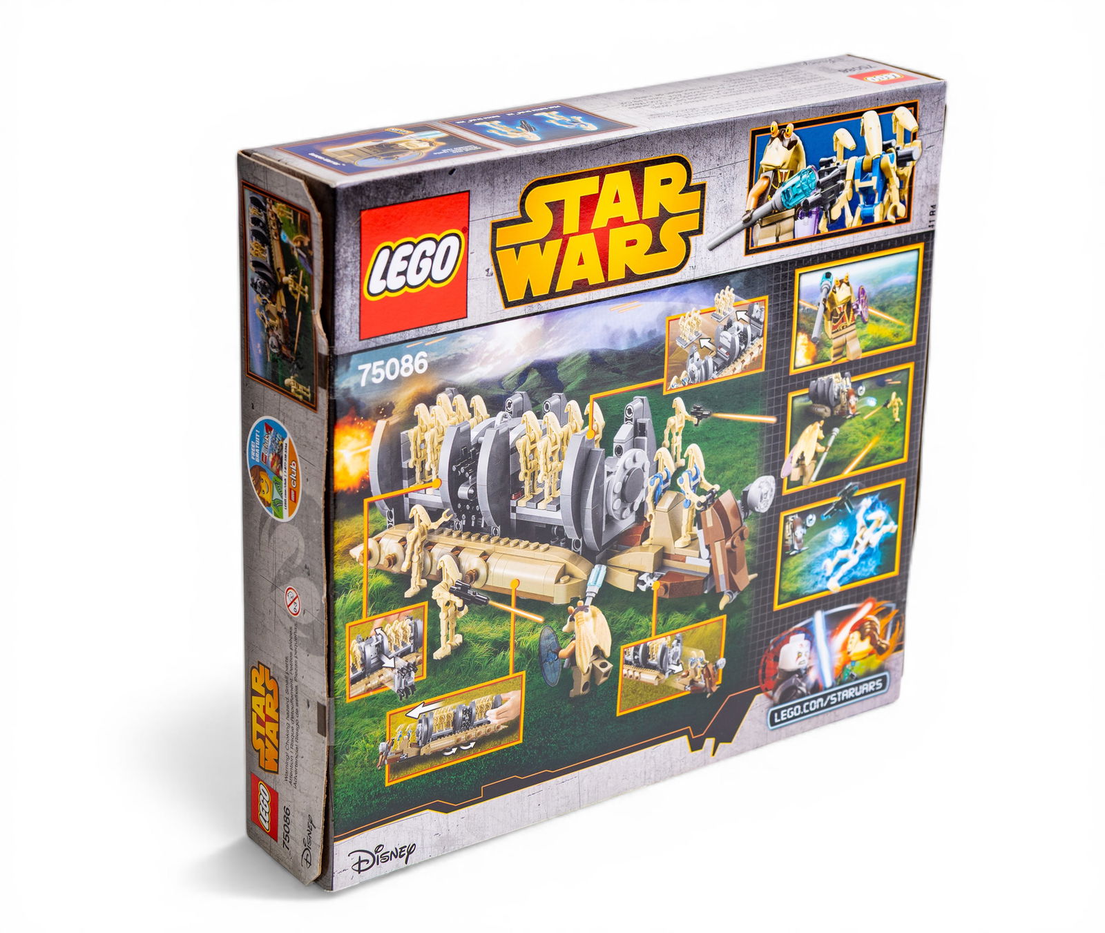 LEGO Star Wars Battle Droid Troop Carrier: LEGO Star Wars set 75086, Battle Droid Troop Carrier, includes 565 pieces and is recommended for ages 8-14. The set features a troop carrier and multiple battle droid minifigures. The box is New in Bo