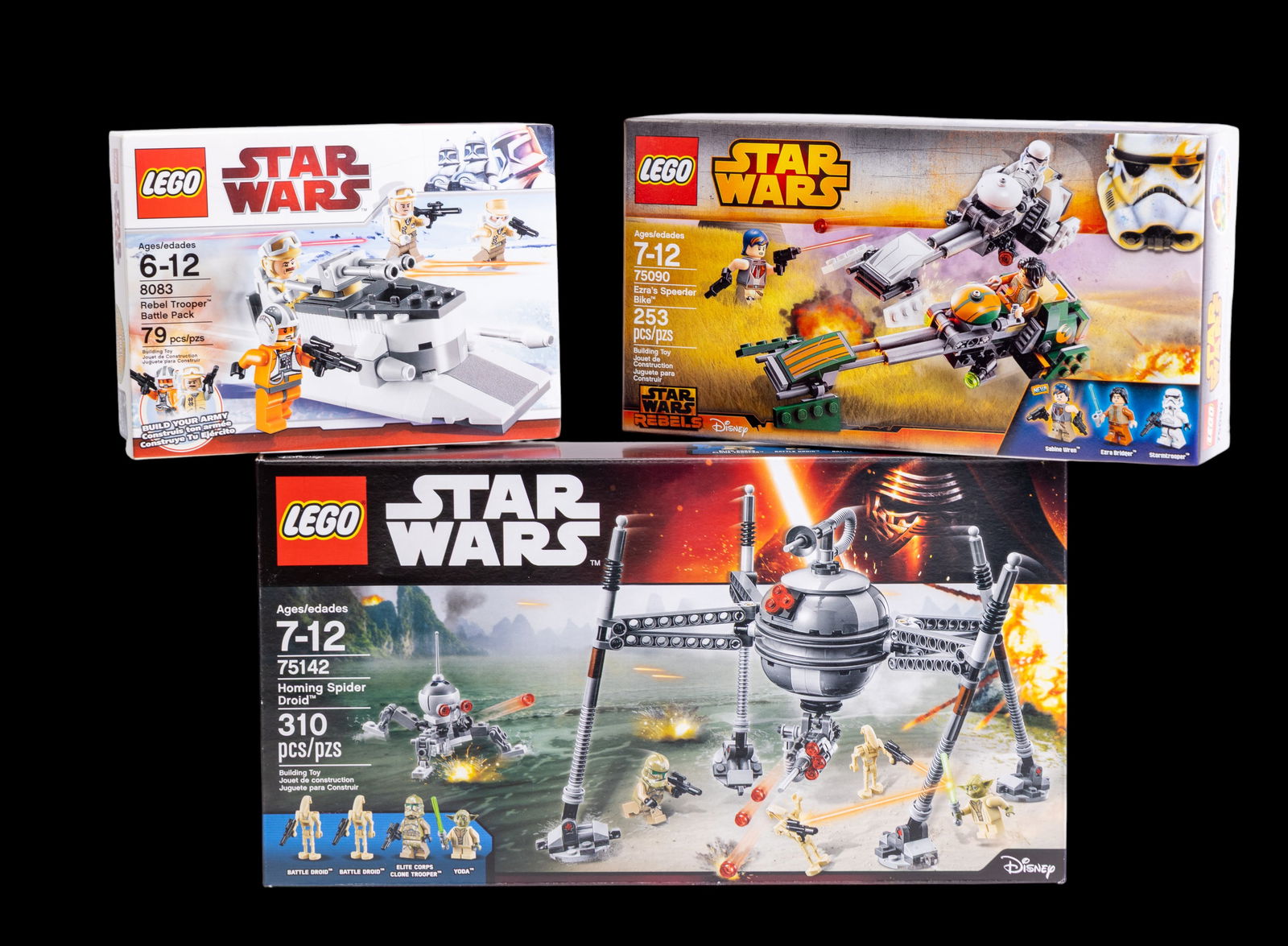LEGO Star Wars NIB Lot of Three Sets: Three LEGO Star Wars sets, all in New In Box (NIB) condition. Includes set 75142 Homing Spider Droid (310 pieces), set 8083 Rebel Trooper Battle Pack (79 pieces), and Ezra's Speeder Bike set 75090 (25