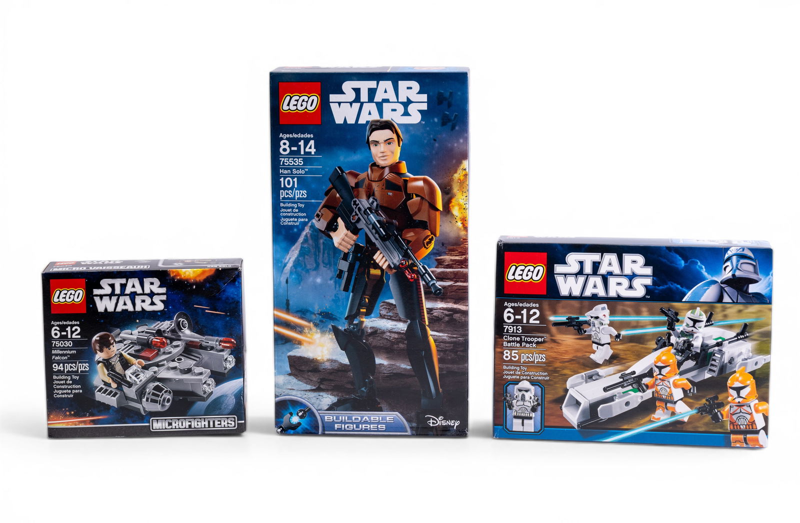 LEGO Star Wars Sets - NIB: Three LEGO Star Wars sets, new in their original, sealed boxes (NIB). Includes set 75535 Han Solo (101 pieces), set 7913 Clone Trooper Battle Pack (85 pieces), and set 75030 Millennium Falcon Microfig