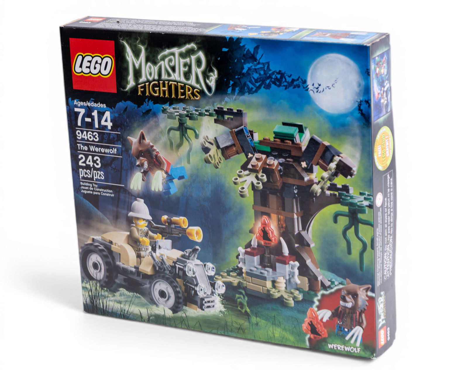 LEGO Monster Fighters 9463 NIB Set: LEGO Monster Fighters 9463 'The Werewolf' building set, includes 243 pieces. Recommended for ages 7-14. Comes in new, unopened box (NIB). The set features a vehicle, werewolf character, and detailed e