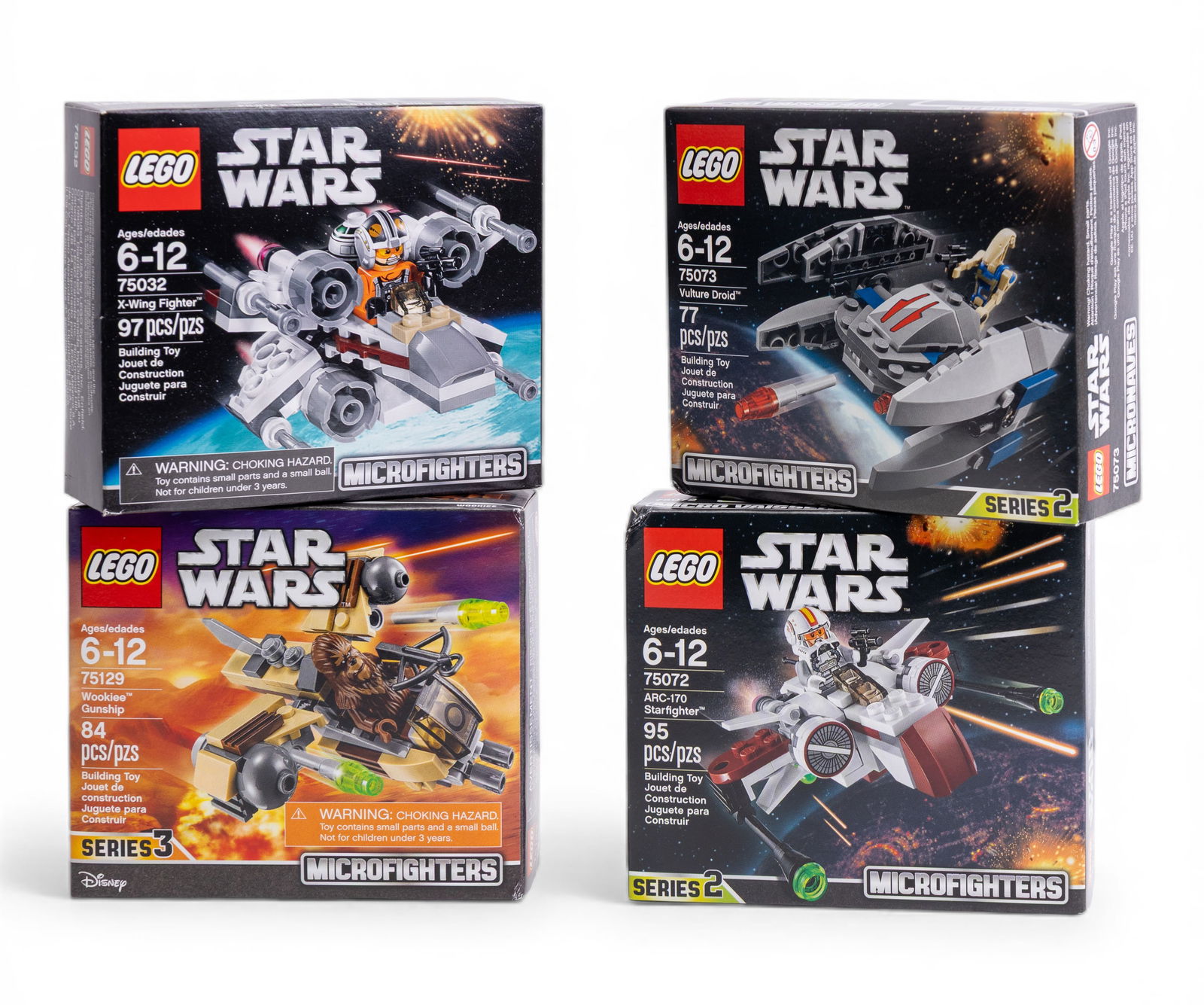 LEGO Star Wars Microfighters Lot NIB: Four LEGO Star Wars Microfighters sets, all new in box (NIB). Included are: Set 75072 ARC-170 Starfighter (95 pieces), Set 75032 X-Wing Fighter (97 pieces), Set 75073 Vulture Droid (77 pieces), and Se