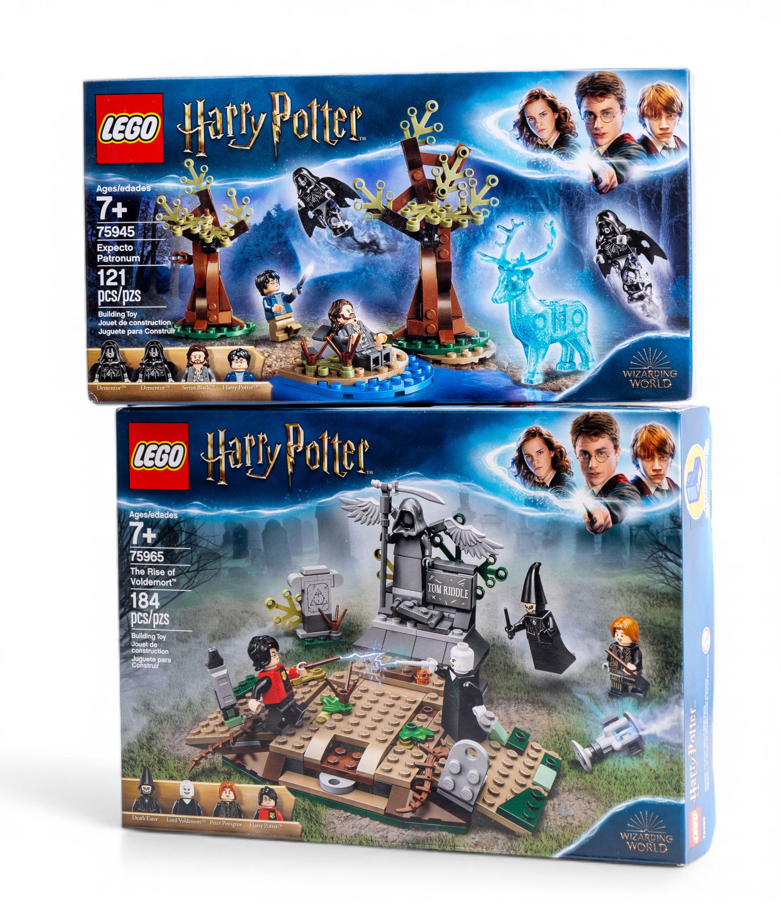 LEGO Harry Potter Sets, NIB, 2-Pack: Two LEGO Harry Potter sets New in Box (NIB): Set 75945 'Expecto Patronum' with 121 pieces and Set 75965 'The Rise of Voldemort' with 184 pieces. Both sets feature age recommendations of 7+ and come in