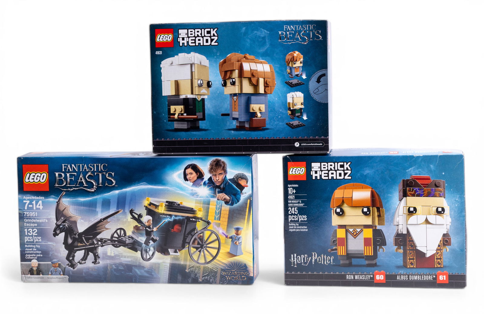 LEGO BrickHeadz & Fantastic Beasts Sets NIB: Three LEGO sets, all factory-sealed in original packaging. Includes LEGO BrickHeadz 'Harry Potter: Ron Weasley & Albus Dumbledore' with 245 pieces, LEGO BrickHeadz 'Fantastic Beasts: Newt Scamander &