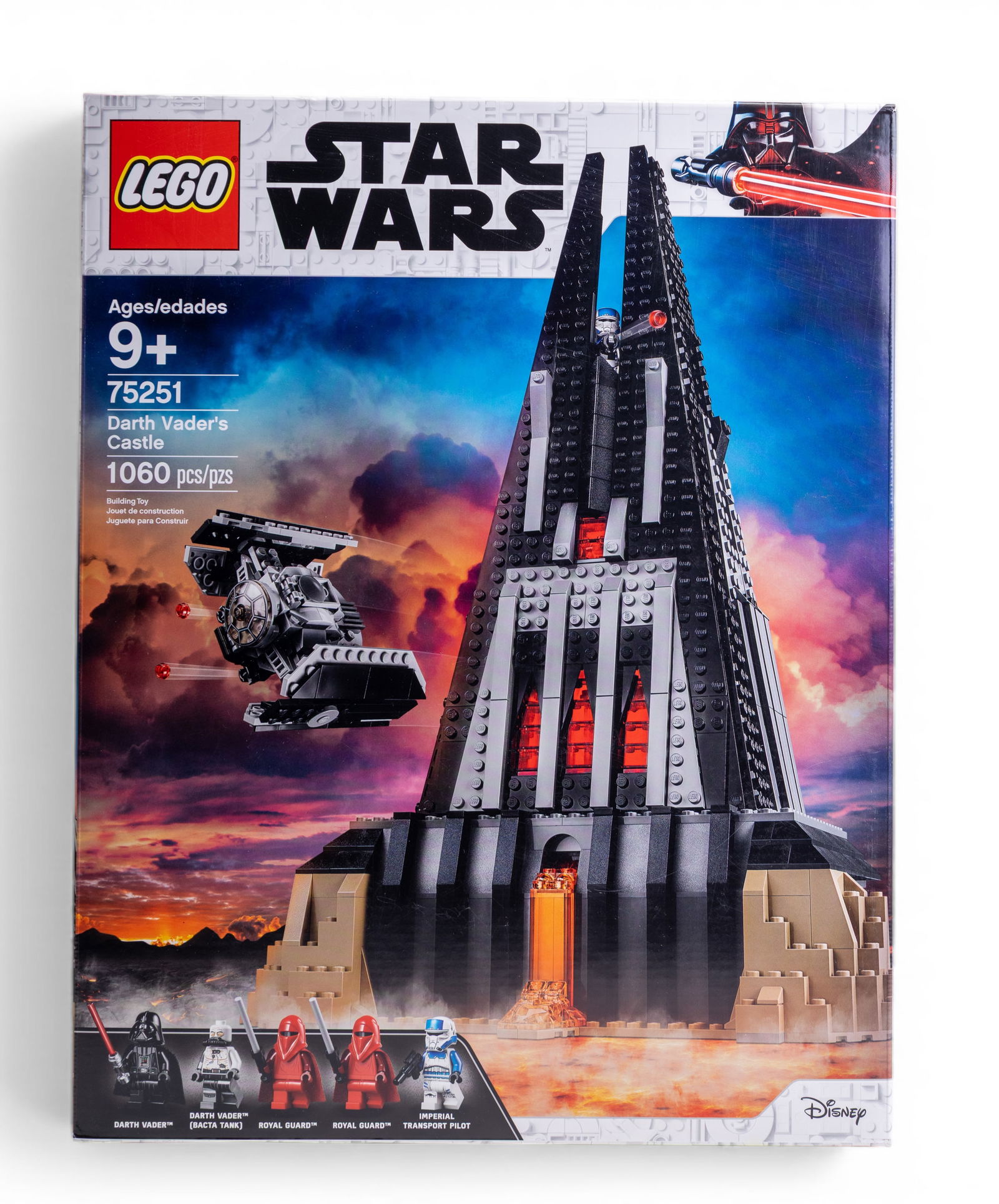 LEGO Star Wars Darth Vader's Castle Set: LEGO Star Wars Darth Vader's Castle, set number 75251, featuring 1060 pieces. Designed for ages 9 and up, this NIB (new in box) set includes five minifigures and a TIE Advanced Fighter. The box is sea