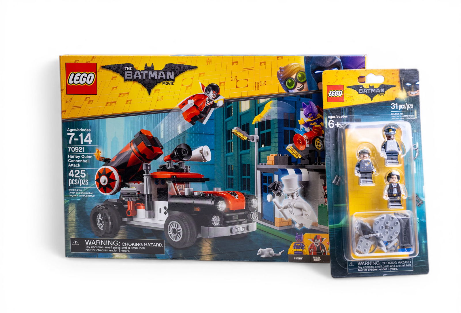 LEGO Batman Movie Sets, NIB: Two unopened LEGO Batman Movie sets. Includes set 70912: Harley Quinn Cannonball Attack (425 pieces, age range 7-14) and a blister pack with 31 additional pieces featuring minifigures (age range 6+).
