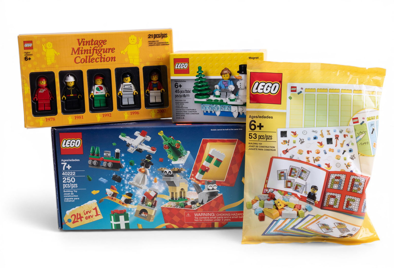 NIB LEGO Sets and Minifigures: Multiple NIB (New in Box) LEGO items, including a Vintage Minifigure Collection (21 pieces featuring figures from 1978, 1981, 1992, 1996, and 2002), a Winter-themed LEGO set (45 pieces with a snowman