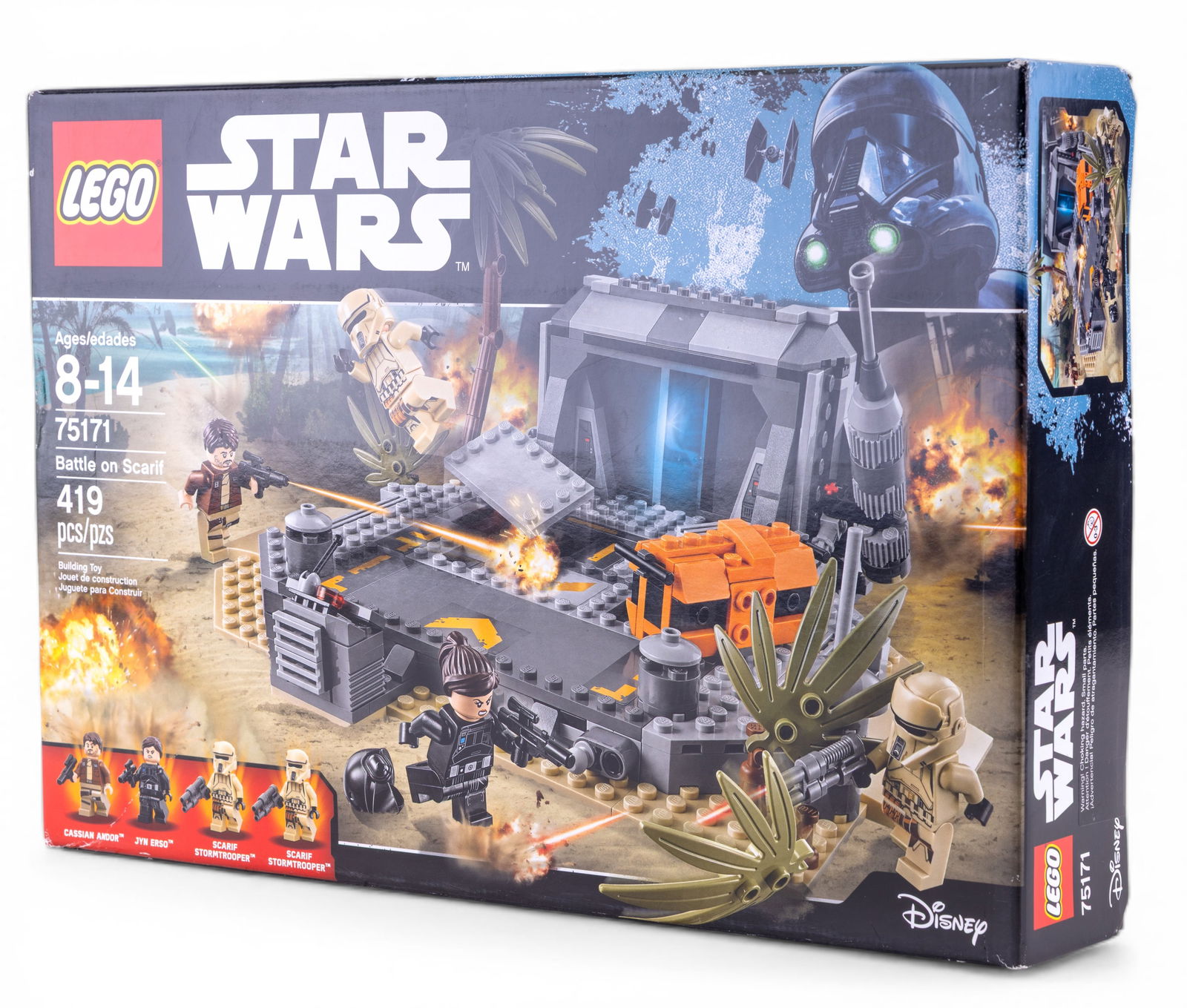 LEGO Star Wars Battle on Scarif Set 75171 NIB: LEGO Star Wars set 75171, titled 'Battle on Scarif,' featuring 419 pieces. The packaging indicates it is new in box (NIB) with no evidence of prior use or wear. Recommended for ages 8-14, this set inc