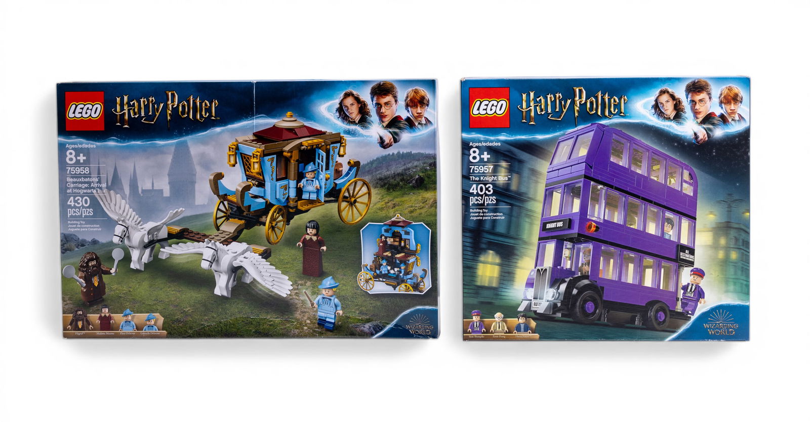 2 NIB LEGO Harry Potter Sets: 2 sets NIB with (1) LEGO Harry Potter Knight Bus (Set 75957, 403 pieces) and (2) Beauxbatons' Carriage (Set 75958, 430 pieces). Both sets are New in Box (NIB), unopened, with original packaging. Suita