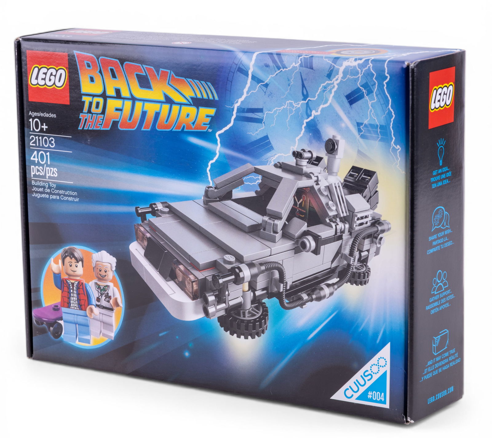 LEGO Back to the Future Set #21103 NIB: LEGO Back to the Future DeLorean Time Machine set #21103. Includes 401 pieces and features two minifigures of Marty McFly and Doc Brown. The set is brand new and in its original, unopened box (NIB), w