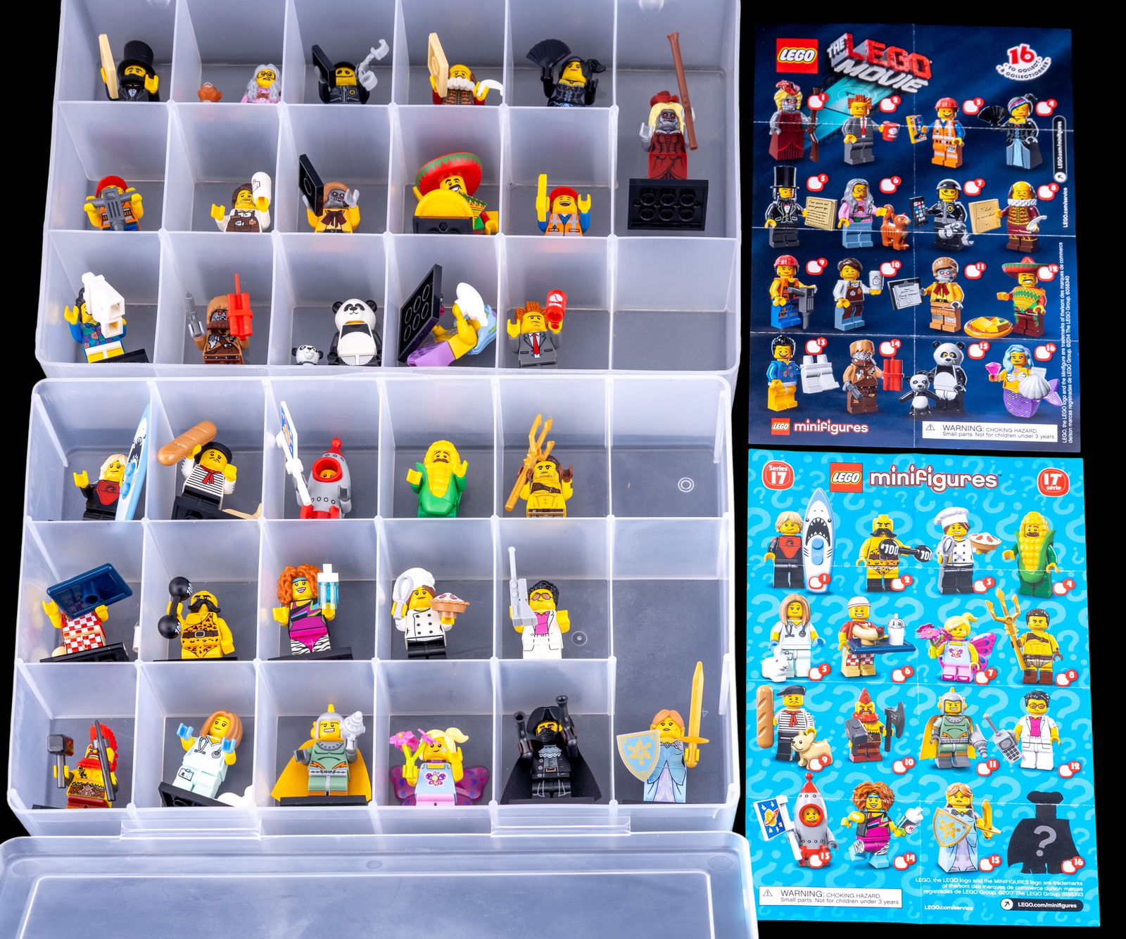 LEGO Collectible Minifigures with Storage Case: LEGO collectible minifigures from various series, including Series 17 and characters from 'The LEGO Movie,' housed in a clear plastic storage case. Includes 16 minifigures, each assembled and displaye