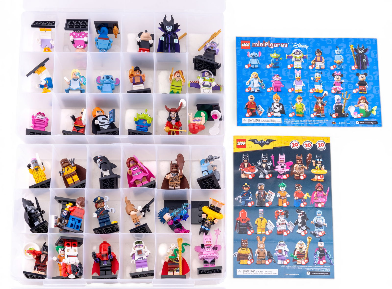 LEGO Minifigure Collection with Storage Cases: Two sets of LEGO Minifigures displayed with corresponding collector's guides. Includes Batman-themed figures from The LEGO Batman Movie series and Disney-themed figures from Disney LEGO Minifigures se