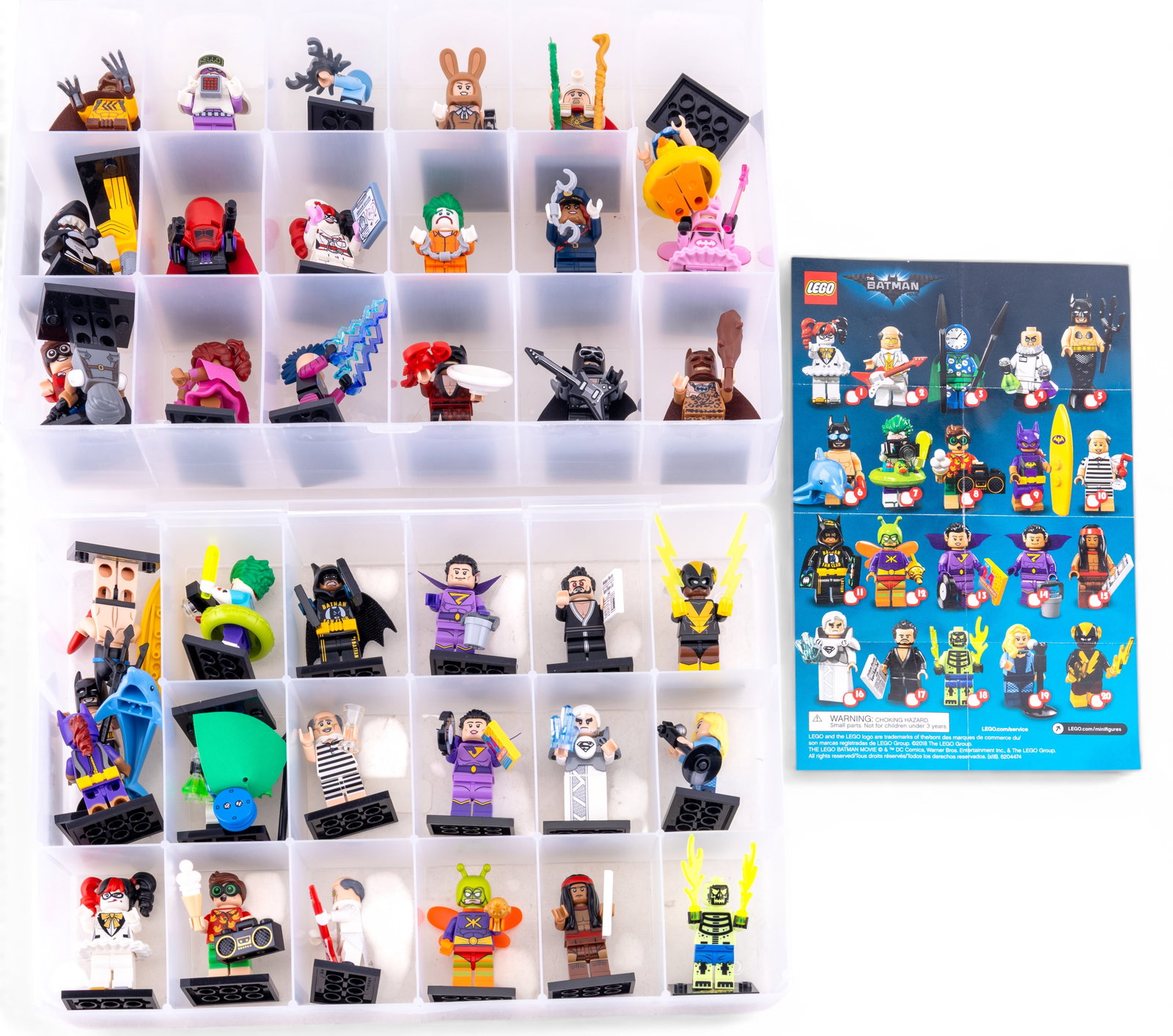 LEGO Batman Movie Minifigure Series Collection: LEGO Batman Movie minifigures, including several from the official Series 1 lineup. All figures are stored in an organized plastic compartment case. Includes a variety of character designs such as Bat