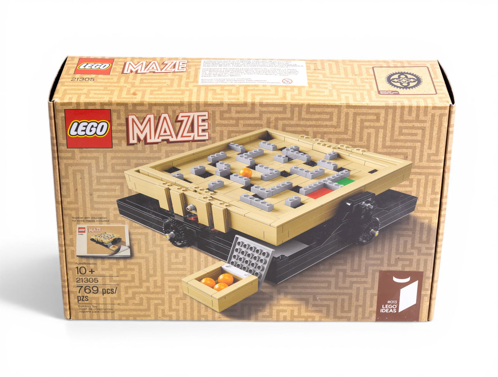 LEGO Maze 21305 Set, Opened Box: LEGO Maze 21305 set in an opened box. The set contains 769 pieces and is recommended for ages 10 and up. The box shows some signs of handling wear. Contents cannot be verified, and it is unclear if al