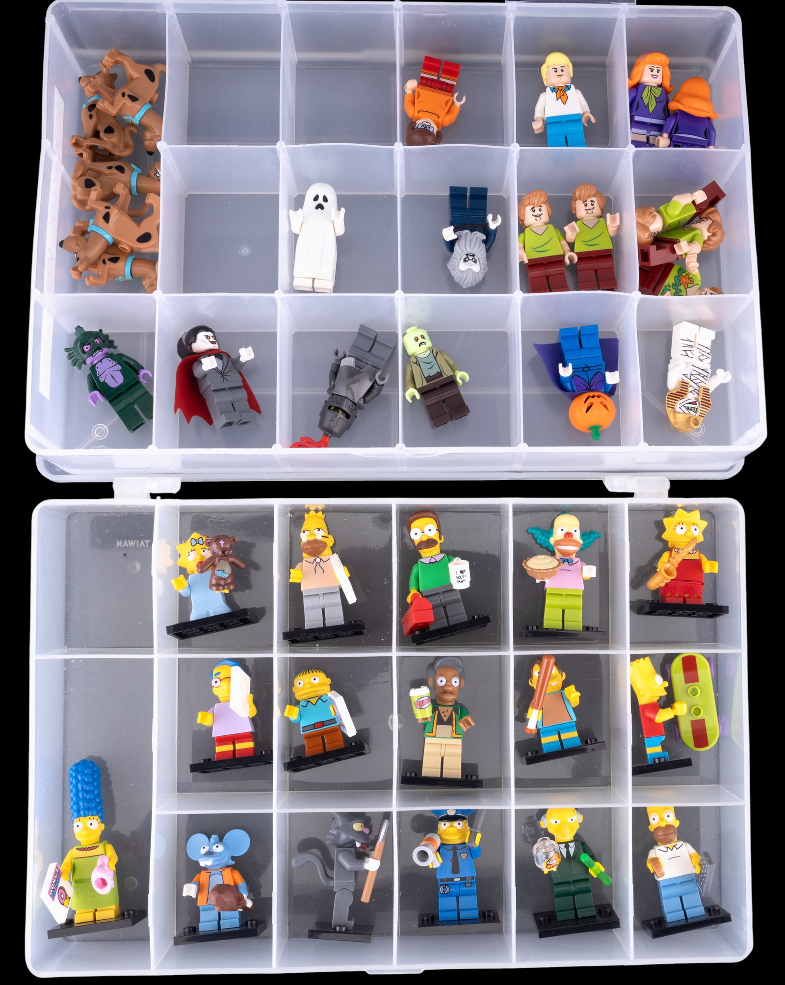 LEGO Simpsons & Scooby-Doo Figures: LEGO figurines organized in a compartmentalized plastic storage box. The collection includes characters featuring notable designs, such as The Simpsons and Scooby-Doo. Figures appear to be in good