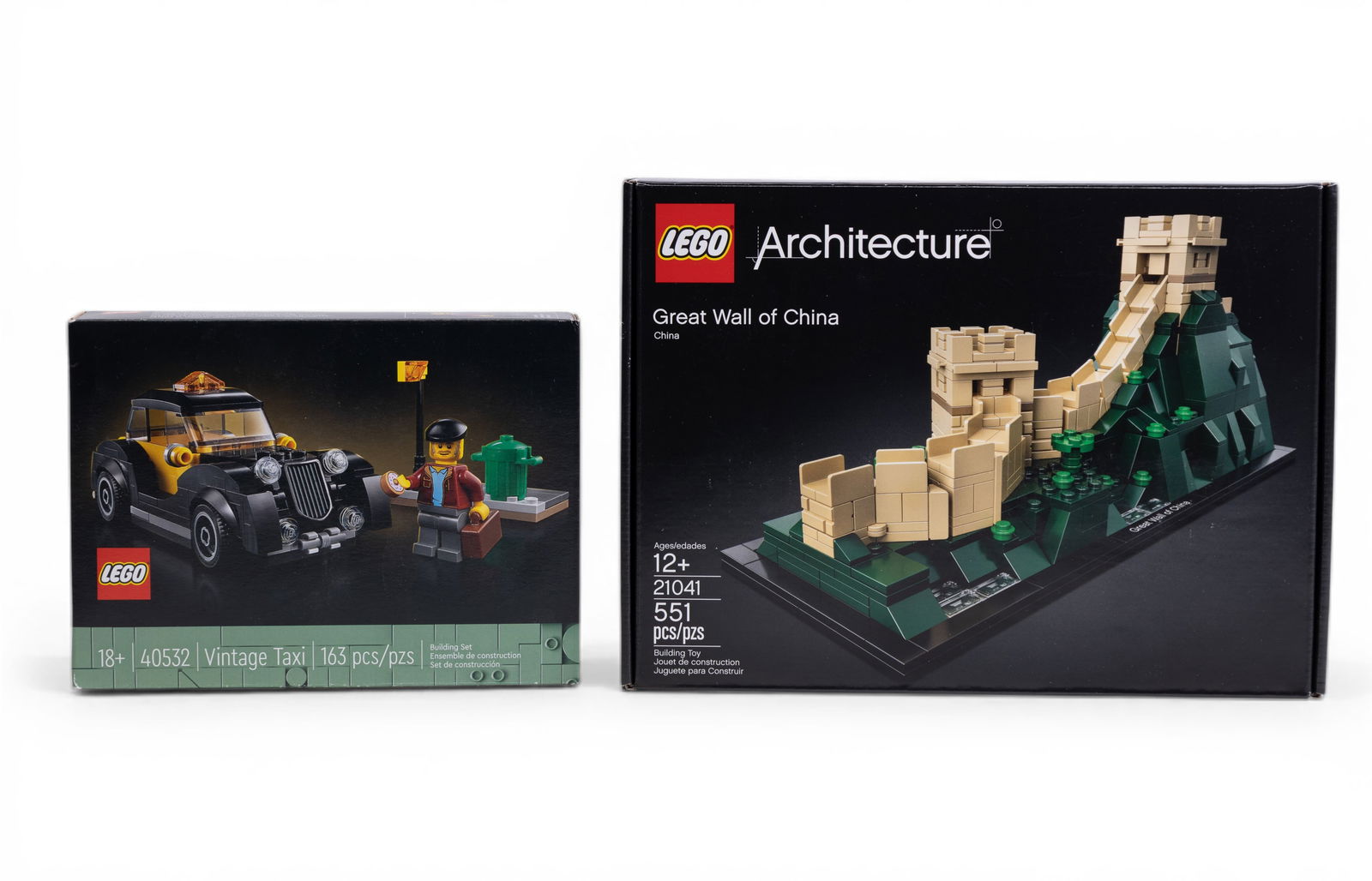 Two NIB LEGO Sets: Taxi and Great Wall: New-In-Box (NIB) LEGO sets, including the LEGO 'Vintage Taxi' (set 40532, 163 pieces, recommended for 18+ years) and LEGO Architecture 'Great Wall of China' (set 21041, 551 pieces, recommended for 12+