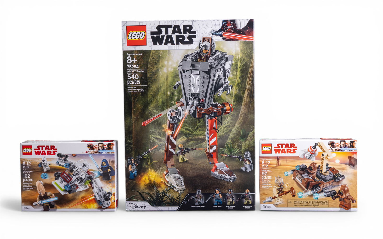 LEGO Star Wars Bundle 3 NIB Sets: A bundle of three new in box (NIB) LEGO Star Wars sets: 75254 AT-ST Raider (540 pieces, ages 8+), 75206 Jedi and Clone Troopers Battle Pack (102 pieces, ages 6-12), and 75198 Tatooine Battle Pack (97
