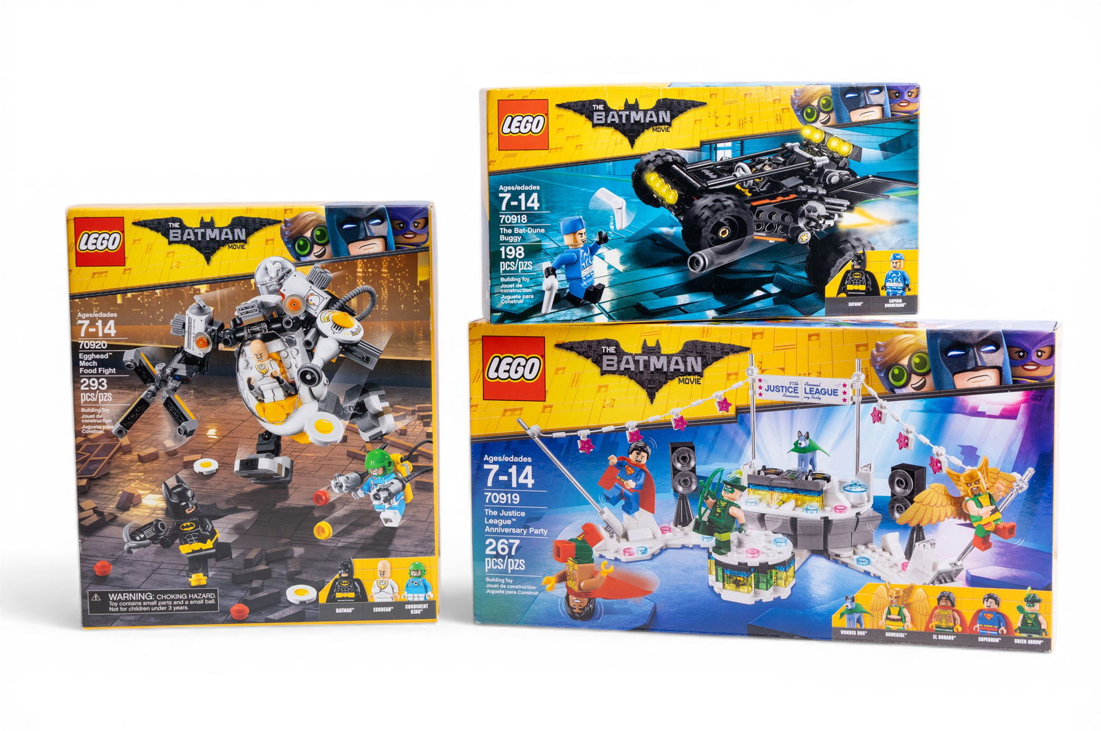 LEGO Batman NIB Lot: Set 70919, 70920, 70918: LEGO Batman Movie-themed sets, including 70919 'The Justice League Anniversary Party' (267 pieces), 70920 'Egghead Mech Food Fight' (293 pieces), and 70918 'The Bat-Dune Buggy' (198 pieces). All sets