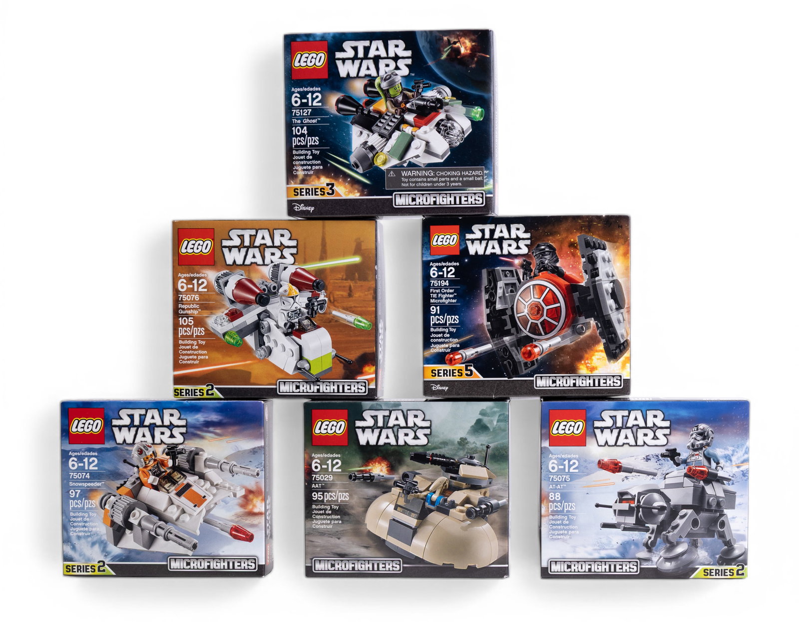 LEGO Star Wars Microfighters NIB Lot of 6 Sets: Six (6) LEGO Star Wars Microfighters sets, all new in box (NIB). Includes 75074 Snowspeeder (Series 2, 97 pcs), 75075 AT-AT (Series 2, 88 pcs), 75076 Republic Gunship (Series 2, 105 pcs), 75029 AAT (S