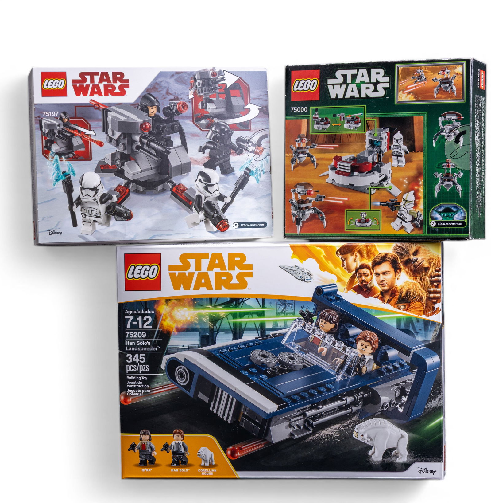 LEGO Star Wars NIB Lot of 3 Sets: Three sealed, new-in-box (NIB) LEGO Star Wars sets, including Han Solo's Landspeeder (#75209, 345 pieces, suitable for ages 7-12), First Order Specialists Battle Pack (#75197, 108 pieces, suitable for