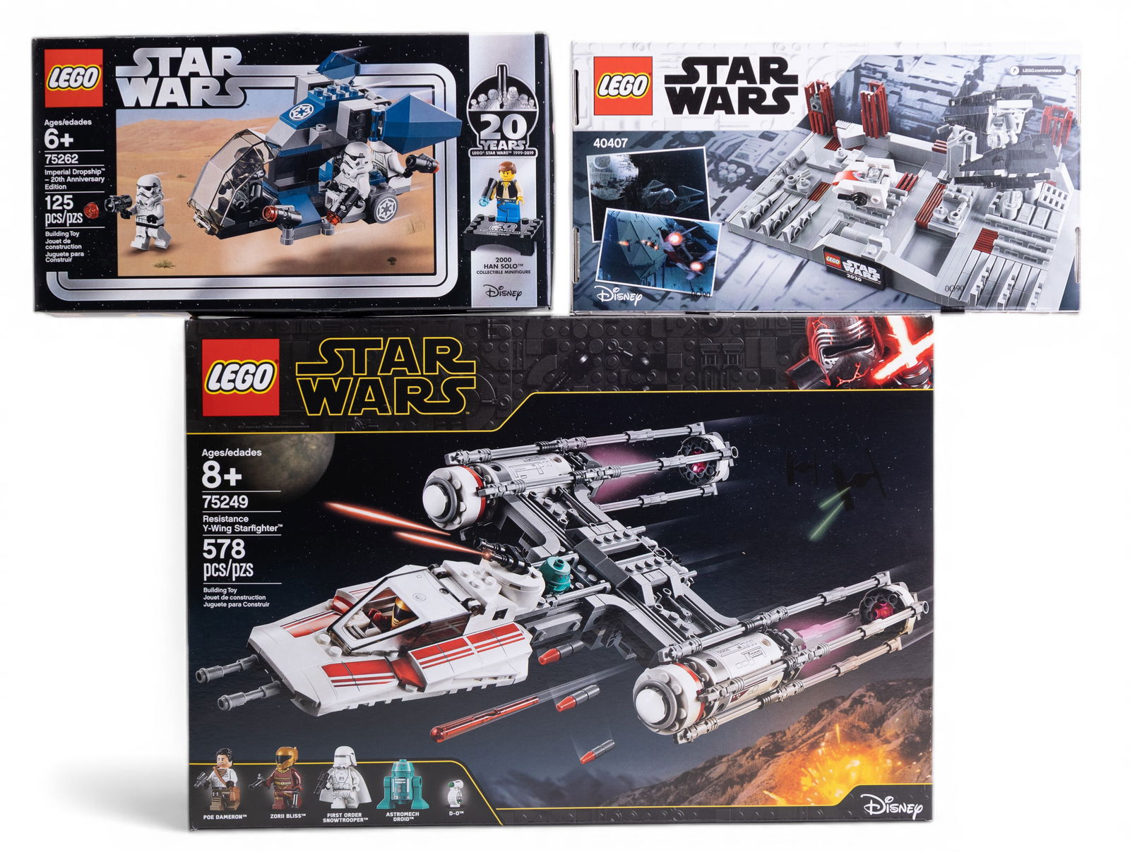 LEGO Star Wars NIB Lot of 3 Sets: Three brand new, factory-sealed LEGO Star Wars sets, including 75249 (Resistance Y-Wing Starfighter, 578 pcs), 40407 (Death Star II Battle, 235 pcs), and 75262 (Imperial Dropship 20th Anniversary Edit