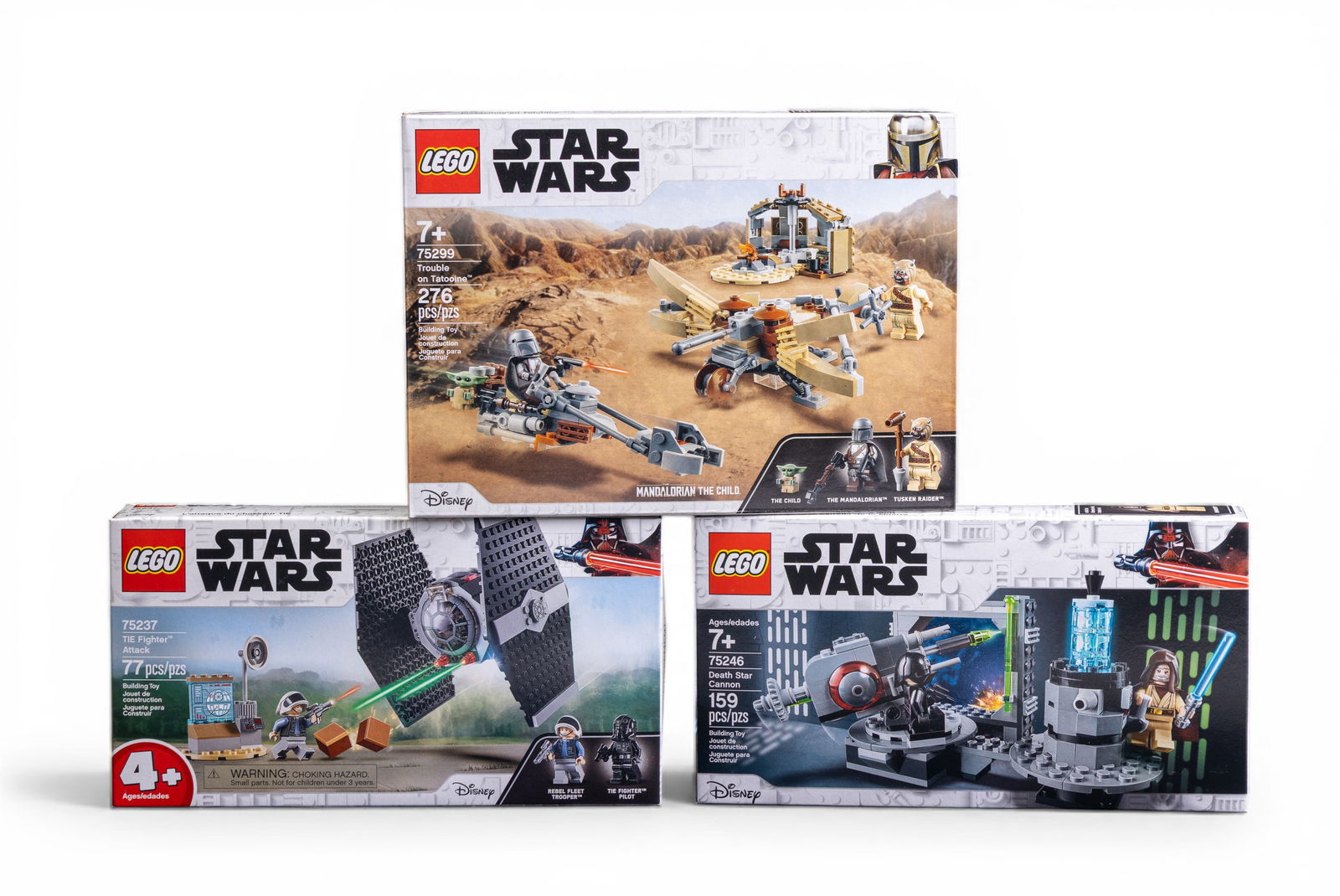 LEGO Star Wars NIB Lot of 3 Sets: Three NIB (new in box) LEGO Star Wars sets: #75299 'Trouble on Tatooine' with 276 pieces, #75237 'TIE Fighter Attack' with 77 pieces, and #75246 'Death Star Cannon' with 159 pieces. All sets are facto