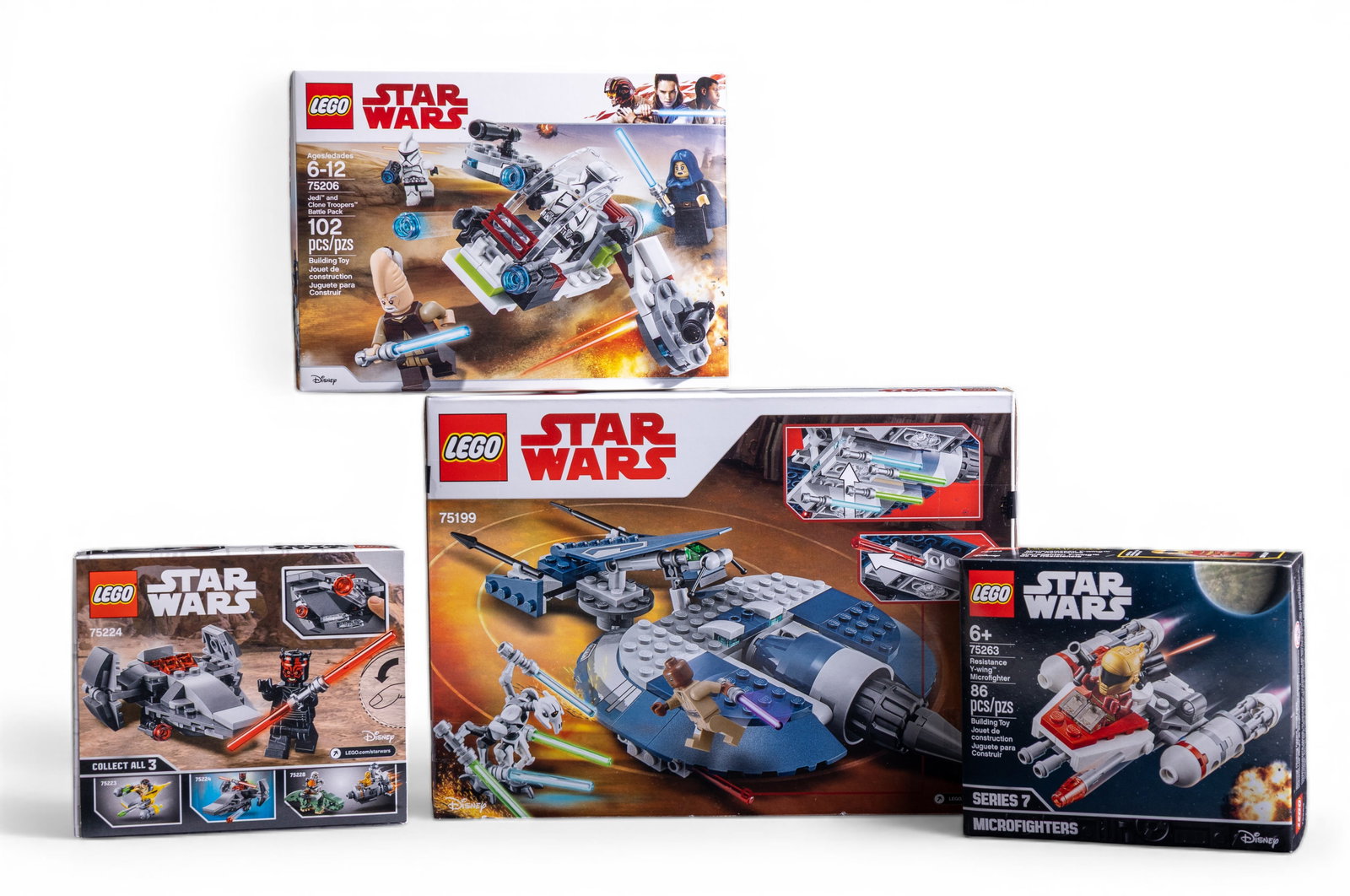 LEGO Star Wars NIB 4 Microfighters + Speeder Sets: 4 NIB (new in box) LEGO Star Wars sets, including: Set 75199 General Grievous' Combat Speeder (157 pieces, ages 7-12), Set 75263 Resistance Y-Wing Microfighter (86 pieces, ages 6+), Set 75224 Sith Inf