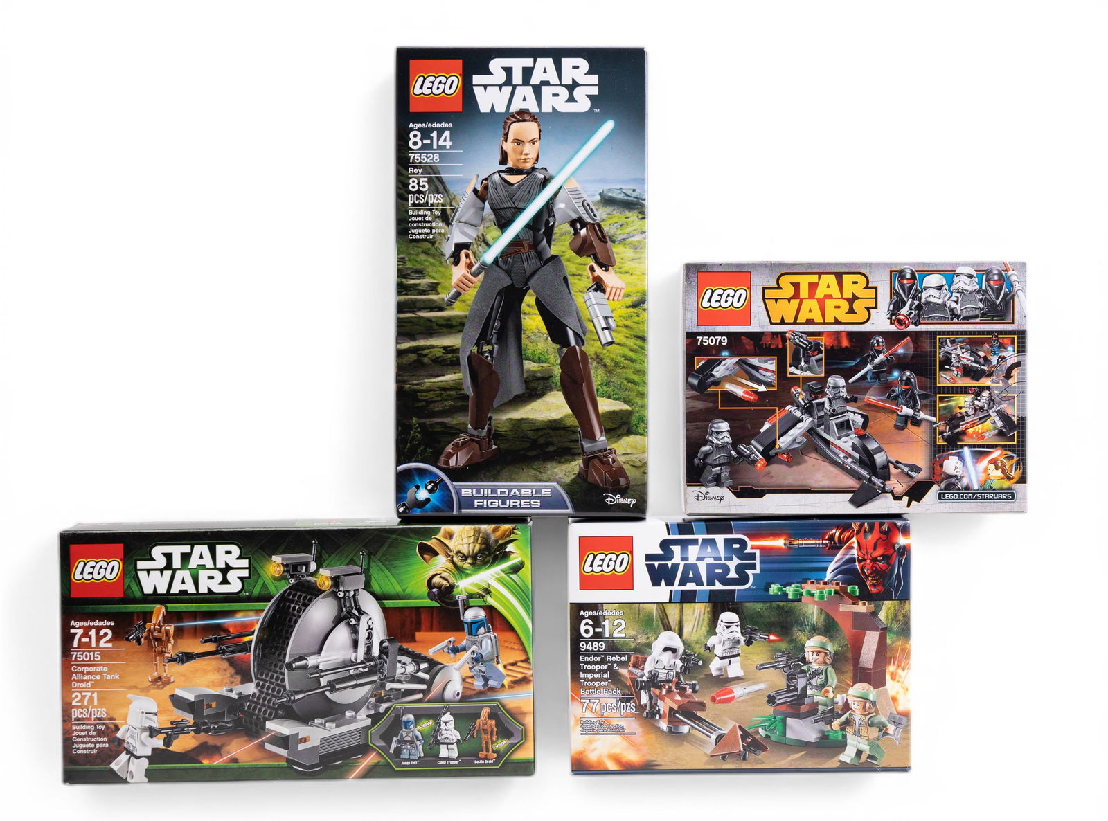 LEGO Star Wars NIB 4-Set Lot: Four LEGO Star Wars sets, all in New in Box (NIB) condition. Includes set #9489 Endor Rebel Trooper & Imperial Trooper Battle Pack (77 pieces), set #75079 Shadow Troopers (95 pieces), set #75015 Corpo