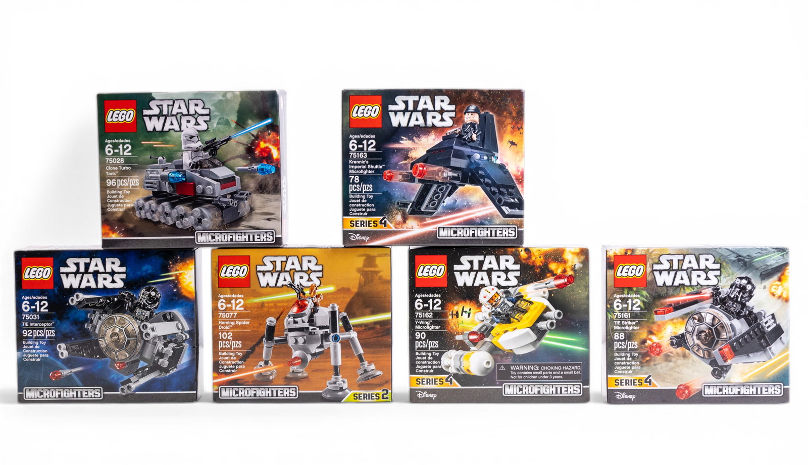 LEGO Star Wars Microfighters NIB Assorted Sets: Six new and unopened LEGO Star Wars Microfighters sets, including 75031 'The Interceptor' (92 pcs), 75077 'Homming Spider Droid' (102 pcs), 75163 'Krennic's Imperial Shuttle' (78 pcs), 75028 'Clone Tu