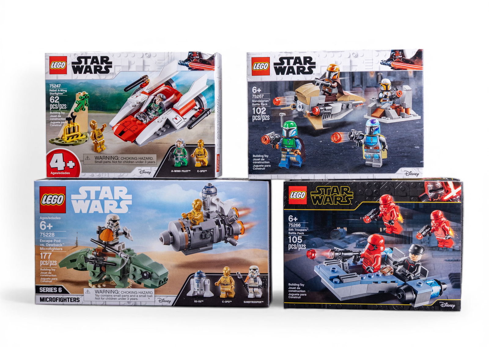 NIB LEGO Star Wars - 4 Sets NIB: New in box (NIB) LEGO Star Wars lot containing four distinct sets: 1) Set 75344 with 102 pieces, featuring Mandalorian characters and speeder bike; 2) Set 75247 with 62 pieces, including a starfighter