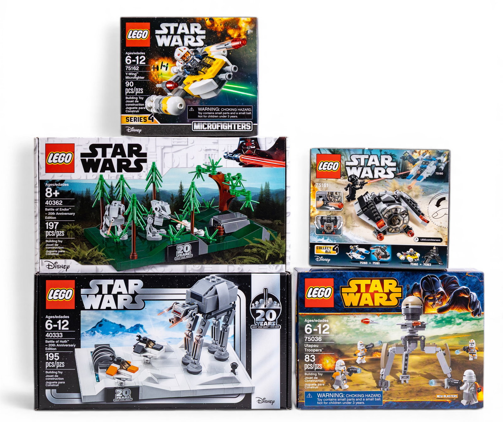 LEGO Star Wars NIB Lot of Five Sets: Five new-in-box LEGO Star Wars sets, including 75036 Utapau Troopers (83 pieces), 75162 Y-Wing Microfighter (90 pieces, Series 4), 75161 TIE Striker Microfighter (88 pieces, Series 4), 40362 Battle of