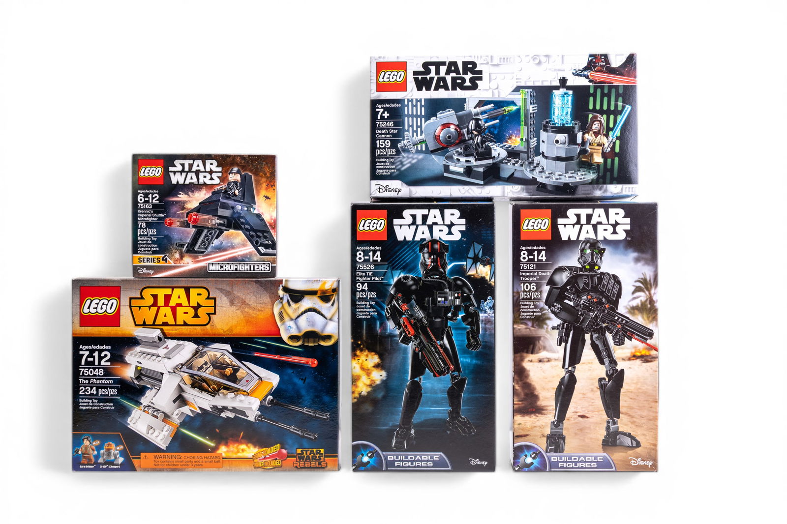 LEGO Star Wars NIB Lot of 5 Sets: 5 new-in-box (NIB) LEGO Star Wars sets, including set 75246 Death Star Cannon (159 pcs), 75161 TIE Striker Microfighter Series 4 (78 pcs), 75048 The Phantom (234 pcs), 75526 Elite TIE Fighter Pilot Bu