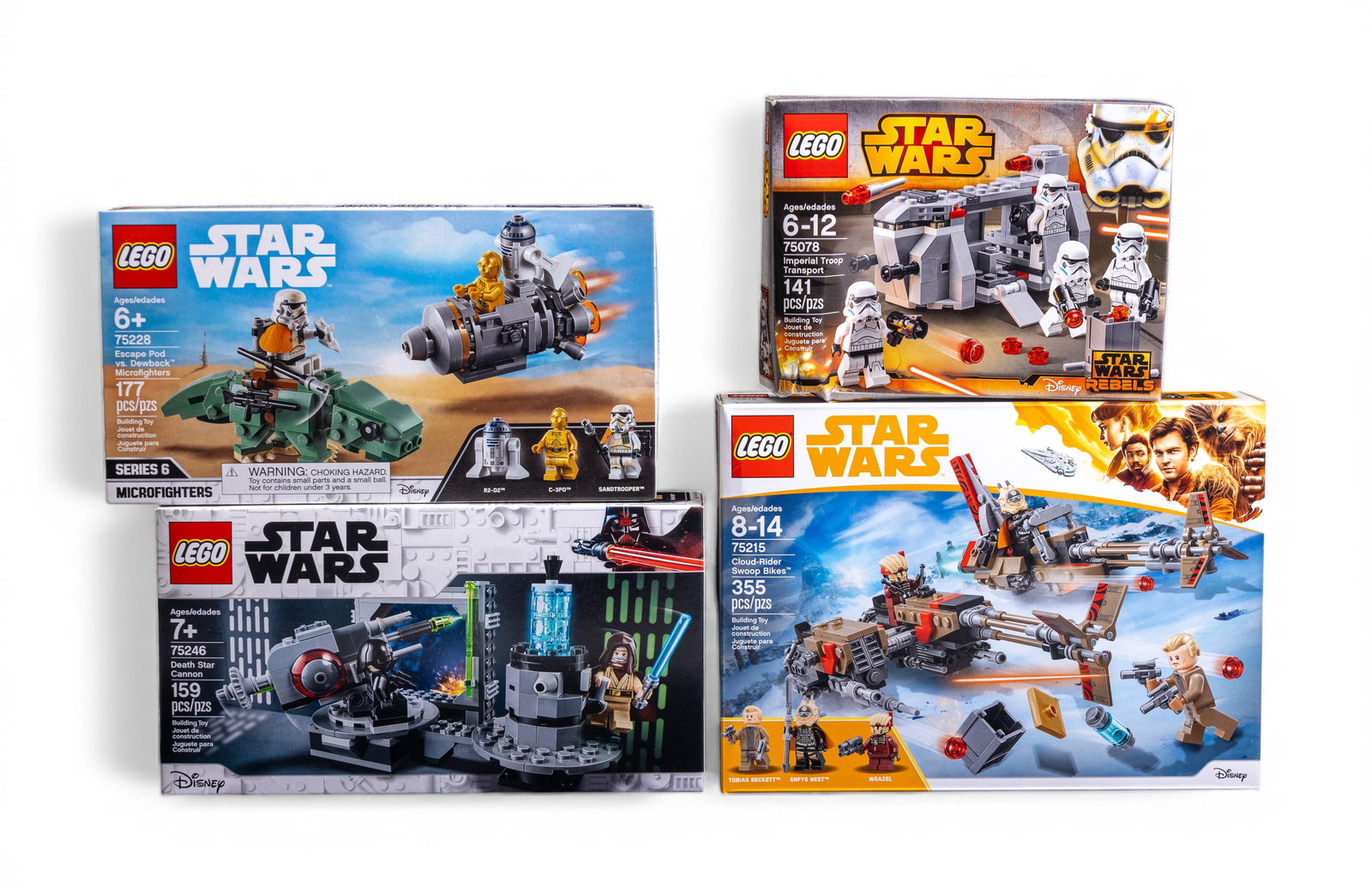 NIB LEGO Star Wars Sets: Four new-in-box (NIB) LEGO Star Wars sets, including 75212 Kessel Run Millennium Falcon (355 pieces, ages 8-14), 75246 Death Star Cannon (159 pieces, ages 7+), 75228 Escape Pod vs. Dewback Microfighte