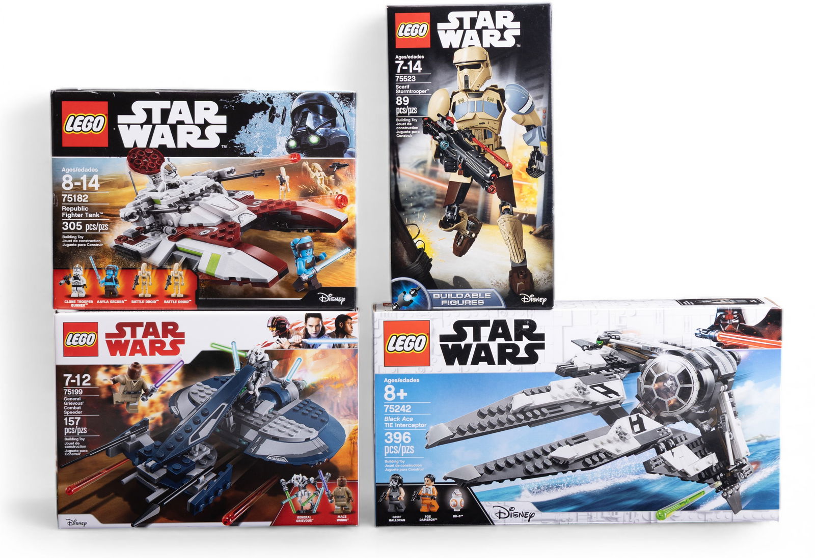 LEGO Star Wars NIB Collectible Sets: Four LEGO Star Wars collectible sets, all in new and sealed condition (NIB). Includes 75523 Scarif Stormtrooper (89 pcs), 75283 Armored Assault Tank (305 pcs), 75179 Kylo Ren's TIE Fighter (157 pcs),