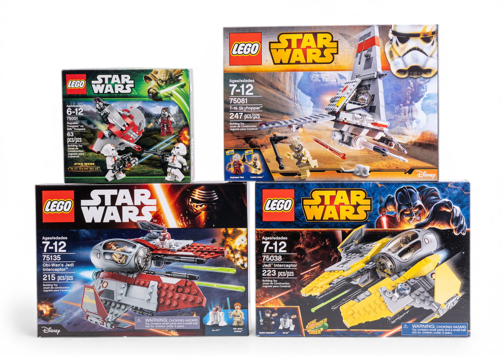 LEGO Star Wars NIB Set Bundle: LEGO Star Wars bundle includes four new-in-box (NIB) sets: Jedi Interceptor (75038, 212 pcs.), Republic Troopers vs Sith Troopers (75001, 63 pcs.), TIE Striker (75082, 247 pcs.), and Jedi Interceptor