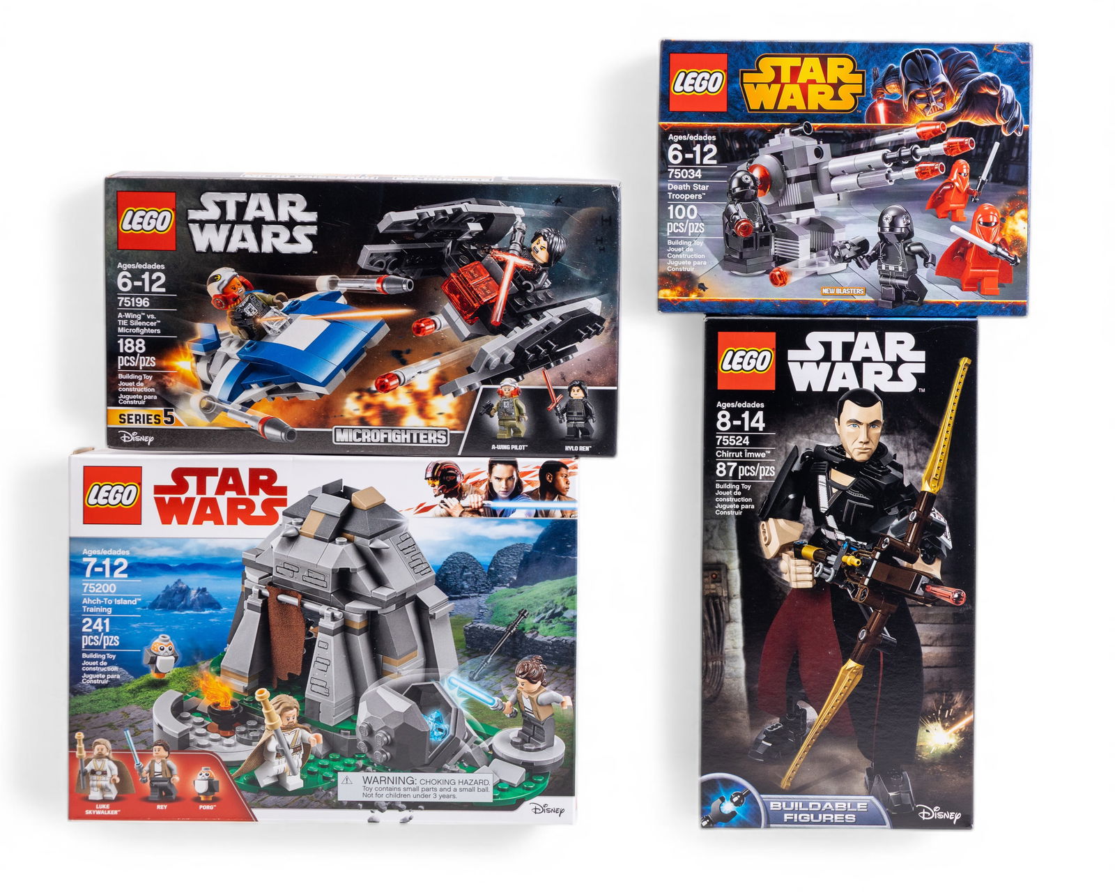 4 NIB LEGO Star Wars Sets: Includes four new-in-box LEGO Star Wars sets: (1) Set 75034, Death Star Troopers, 100 pieces, recommended for ages 6-12; (2) Set 75200, Ahch-To Island Training, 241 pieces, recommended for ages 7-12;