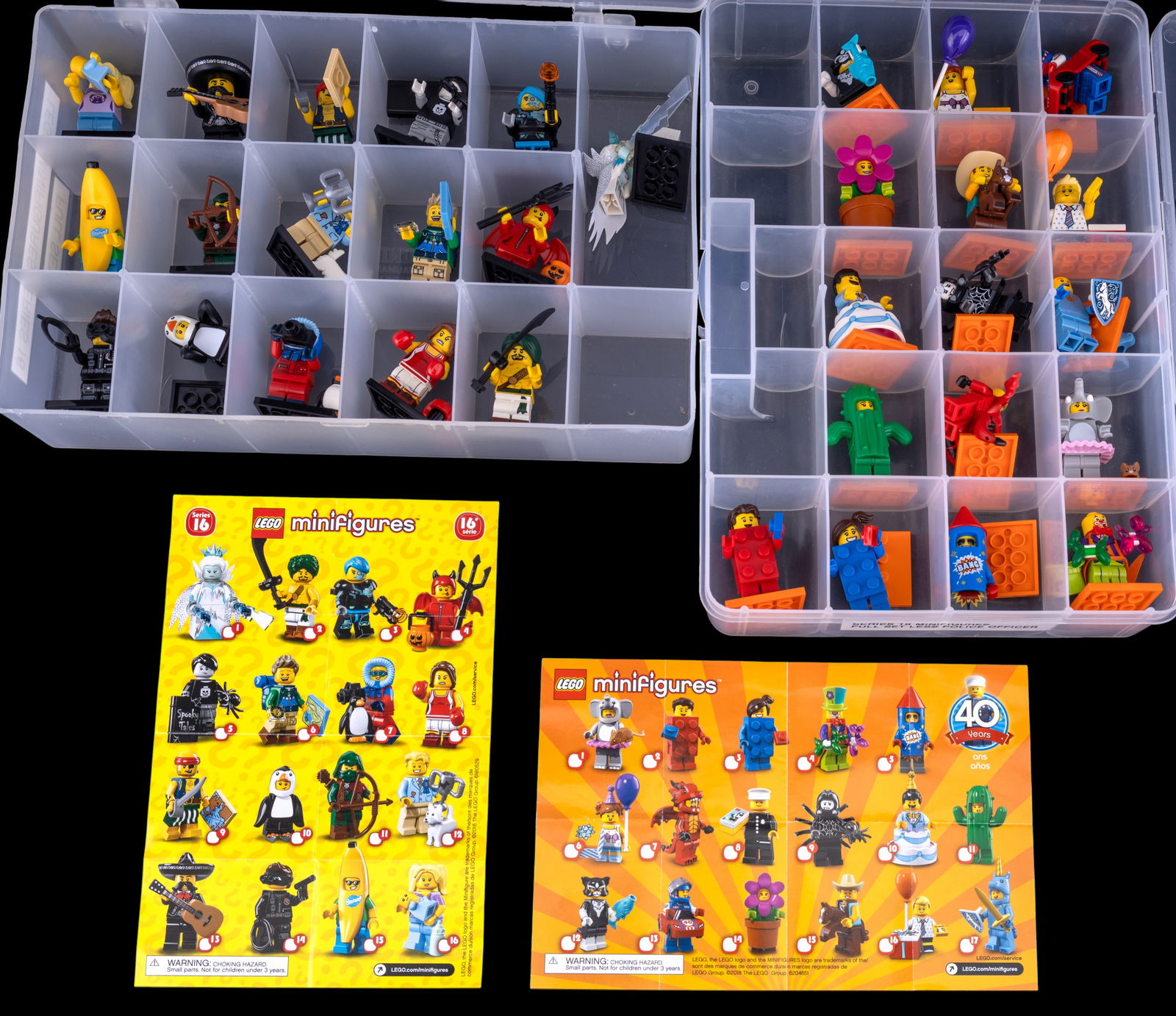 LEGO Minifigures Series 16 and 18 Collection: LEGO Minifigures from Series 16 and 18, featuring 32 figures in total. Each minifigure is assembled and displayed with its corresponding baseplate. Includes a mix of themed characters such as the Bana