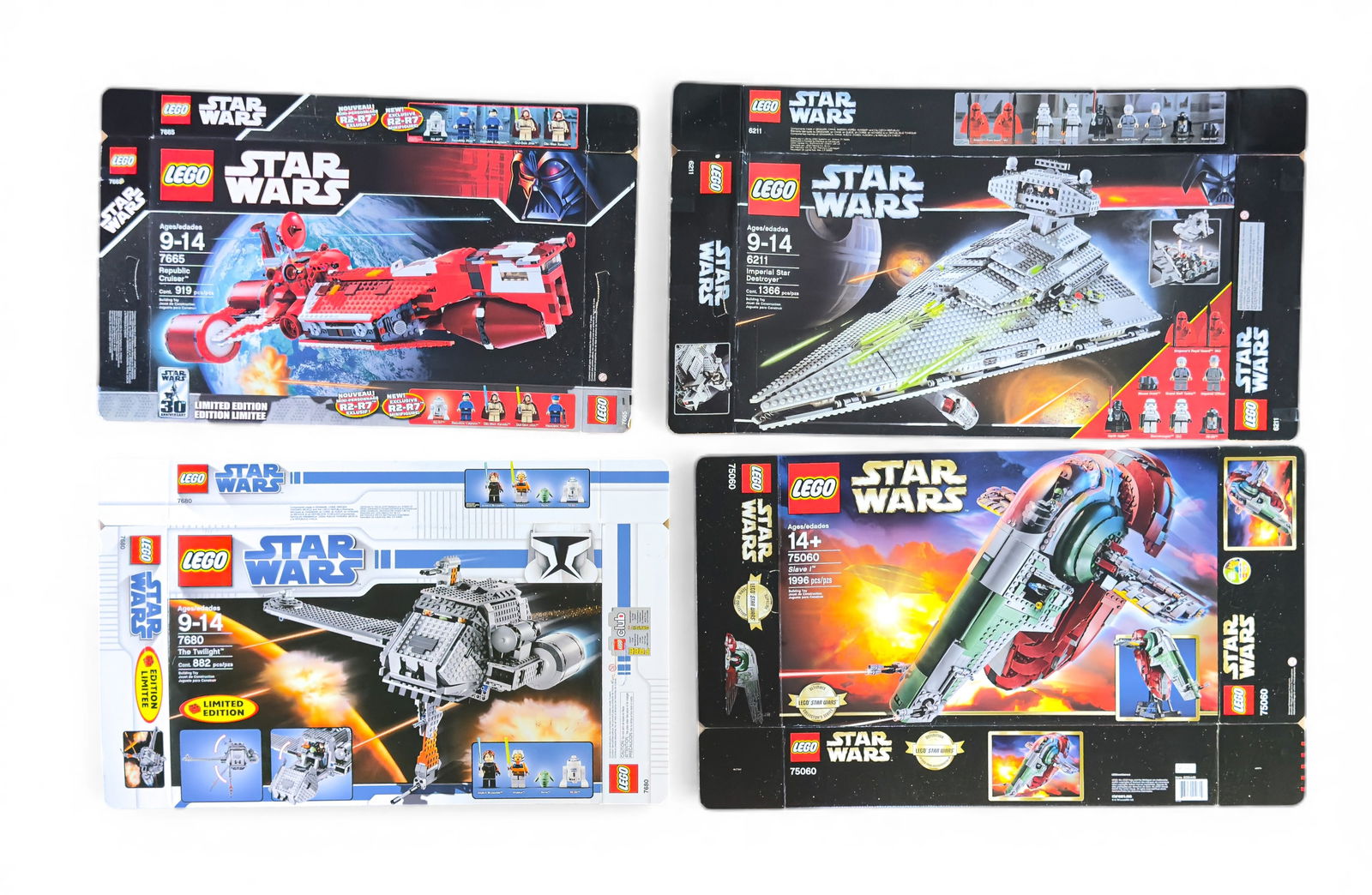 LEGO Star Wars Empty Flattened Box Lot: Four empty, flattened LEGO Star Wars boxes: 75060 Slave I, 6211 Imperial Star Destroyer, 7680 The Twilight, and 7665 Republic Cruiser. Boxes are used and do not include LEGO pieces or manuals.