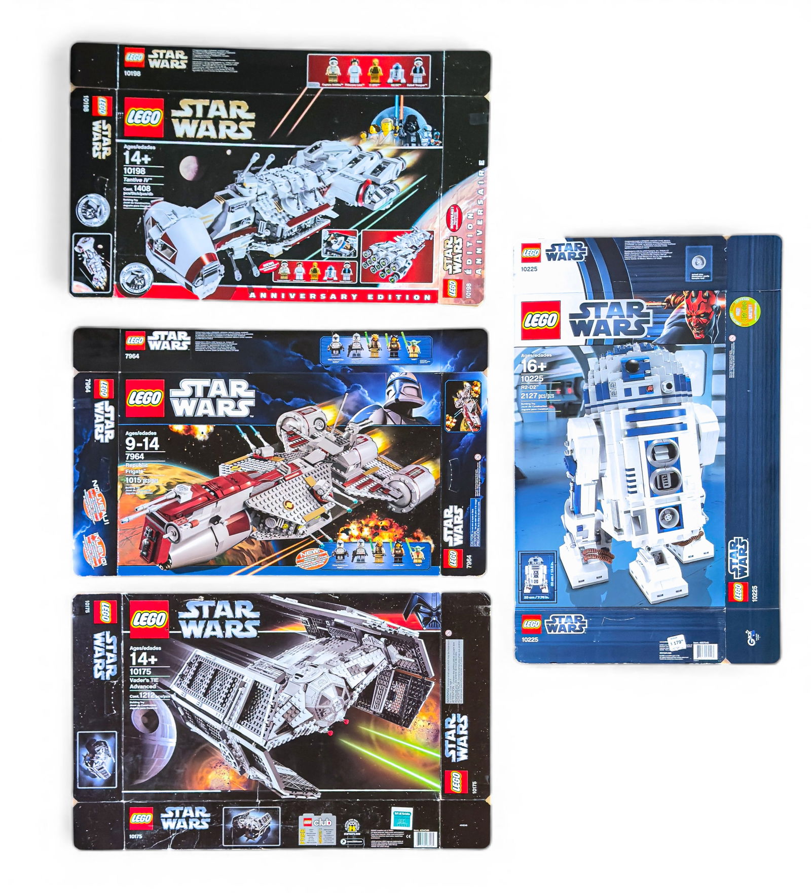 Four LEGO Star Wars Empty Boxes: Four flattened and empty LEGO Star Wars boxes including models #7964, #10225, #10175, and #10198. Boxes are for sets previously containing various Star Wars-themed LEGO bricks and minifigures. These b