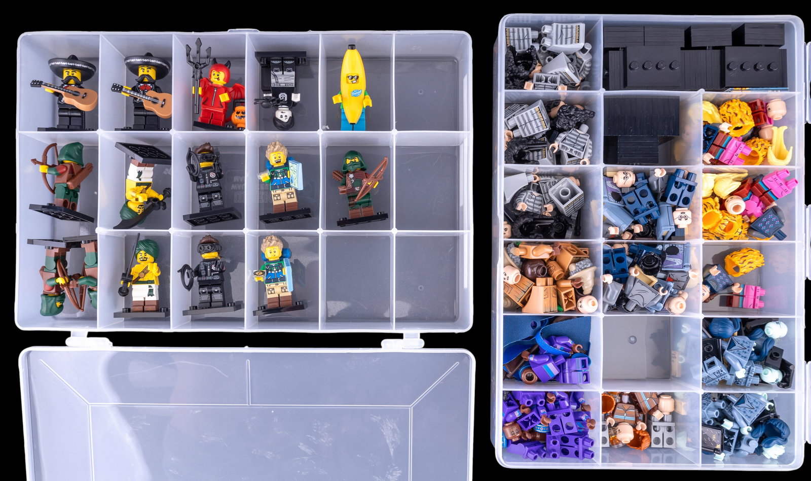 Two Containers of LEGO Minifigures and Parts: Two plastic storage containers containing LEGO minifigures and parts. One container is labeled 'LEGO Minifigures Series 16 Extras' and holds assembled minifigures with accessories, while the second