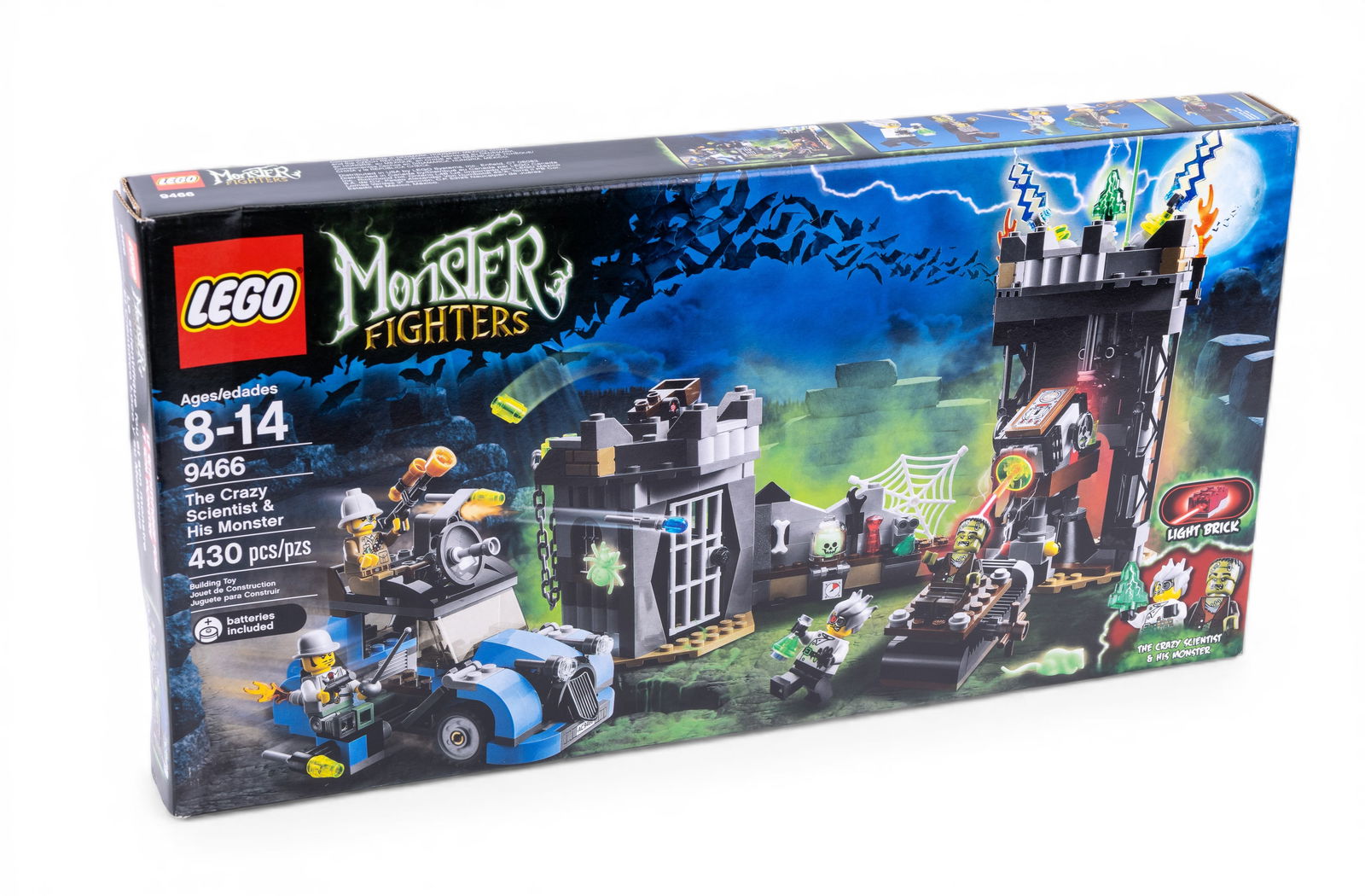 LEGO Monster Fighters 9466 New in Box: LEGO Monster Fighters set 9466 titled 'The Crazy Scientist & His Monster', designed for ages 8-14. Contains 430 pieces, including a laboratory structure, a monster car, and minifigures. The box remain