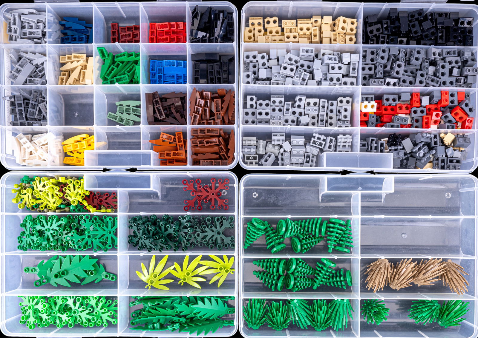 4 Containers of Assorted LEGO Pieces: Four plastic containers with assorted LEGO pieces, sorted by type and color. Includes structural bricks, slopes, foliage elements, and other specialized pieces. Each container features multiple compar